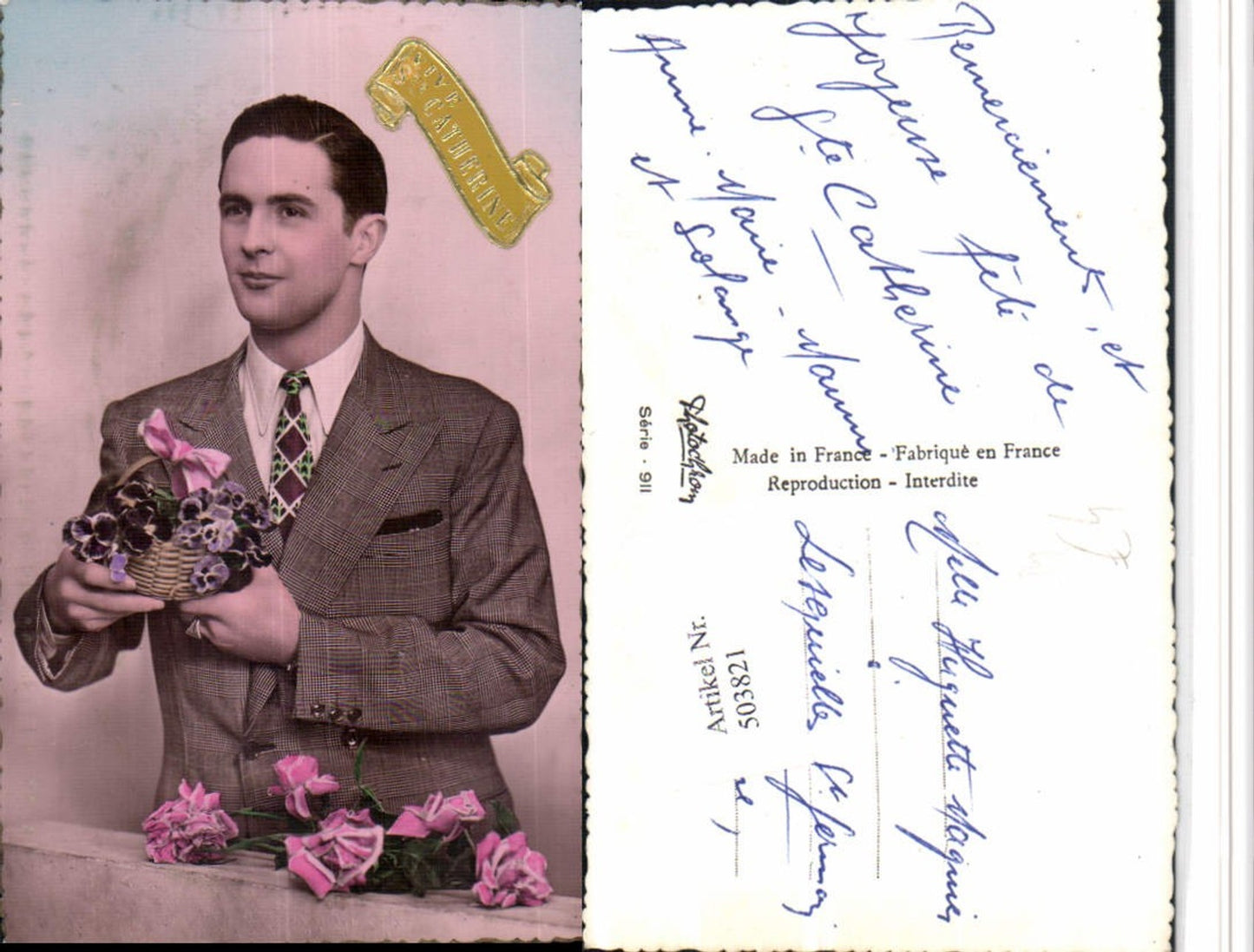 503821,Vive Ste Catherine Mann Anzug Korb Blumen Rosen Portrait