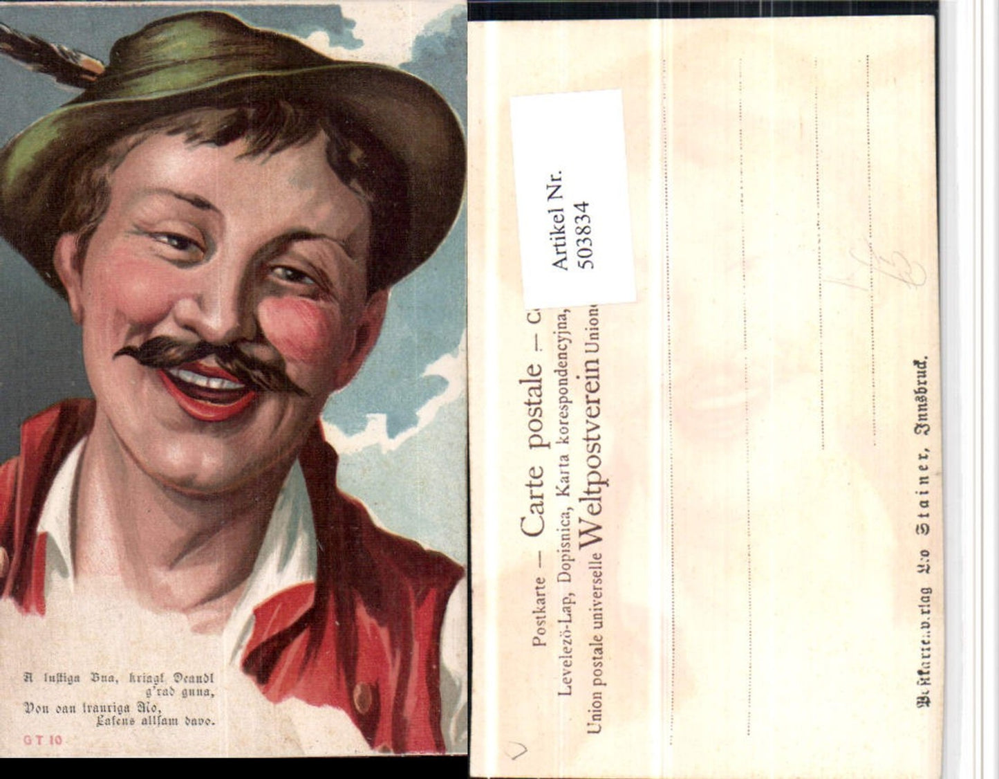503834,Künstler AK Mann m. Bart Federhut Portrait Spruch