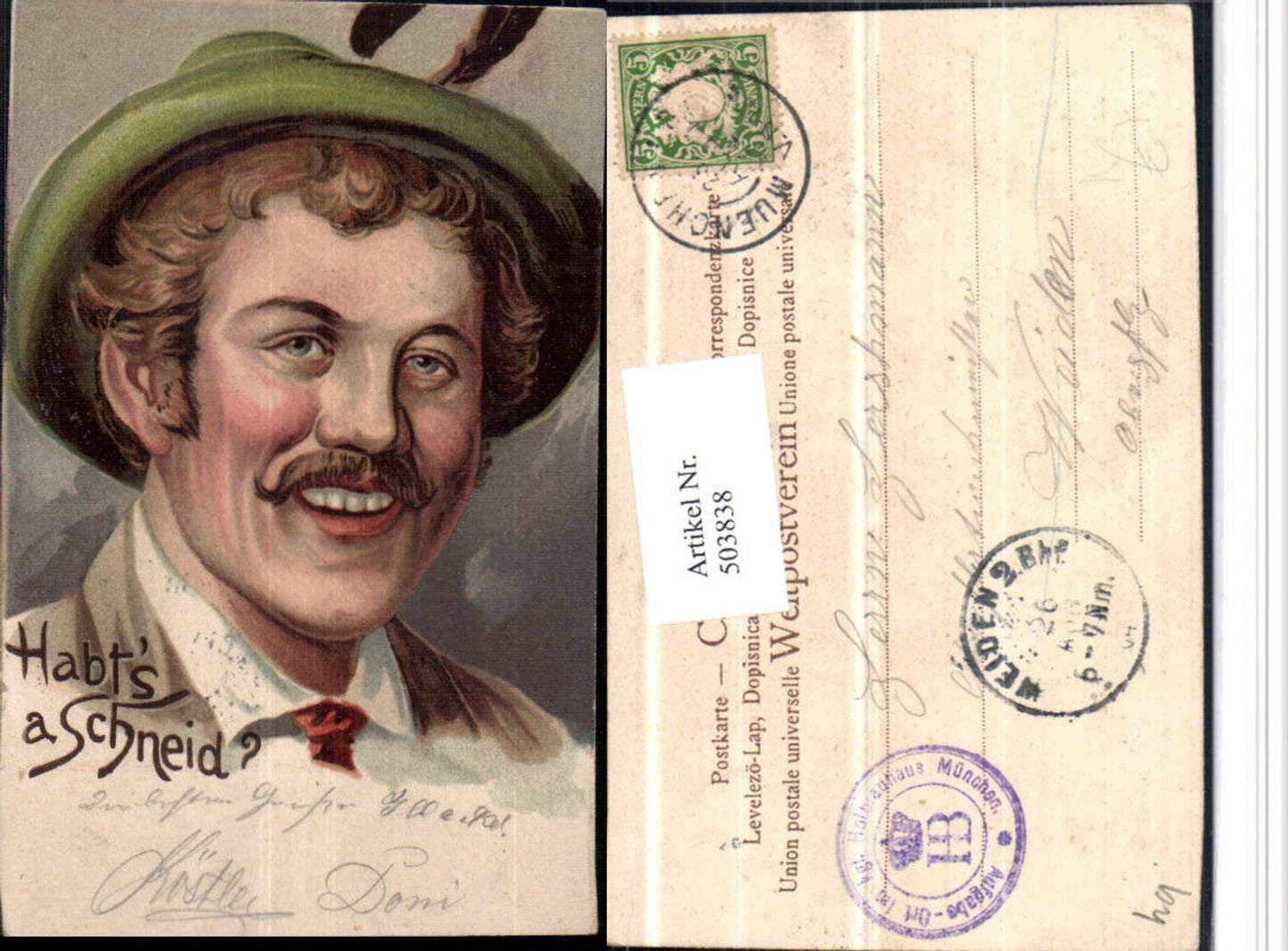 503838,Künstler AK Habts a Schneid Mann m. Bart Federhut Portrait