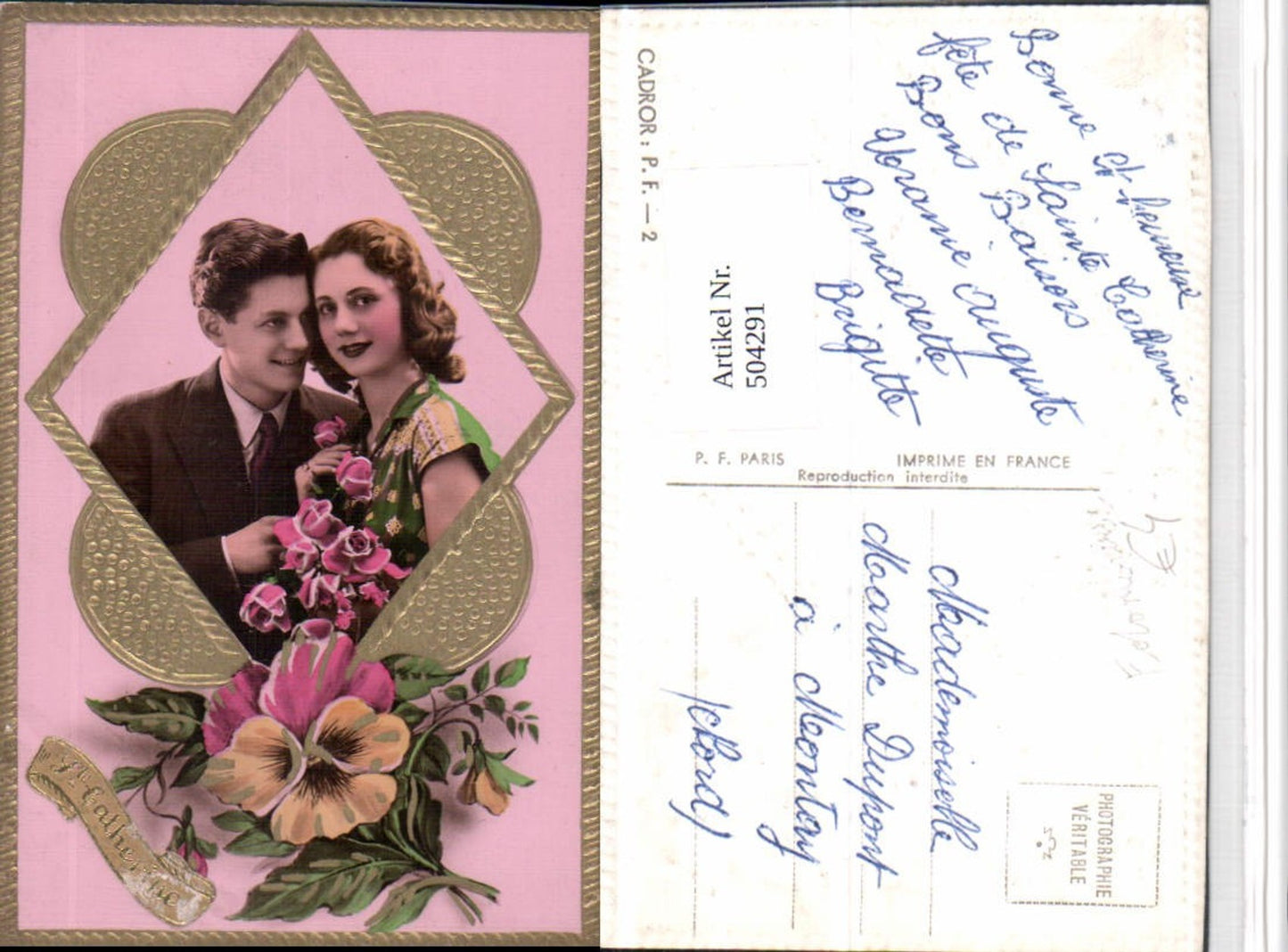 504291,Präge AK Ste Catherine Liebe Paar Portrait Rosen Blumen