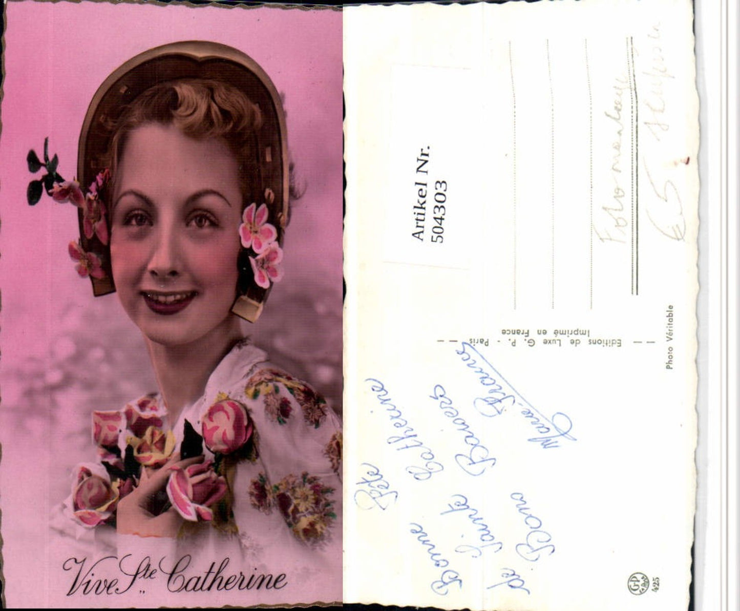 504303,Ste Catherine Fotomontage Frau Portrait Hufeisen Blumen