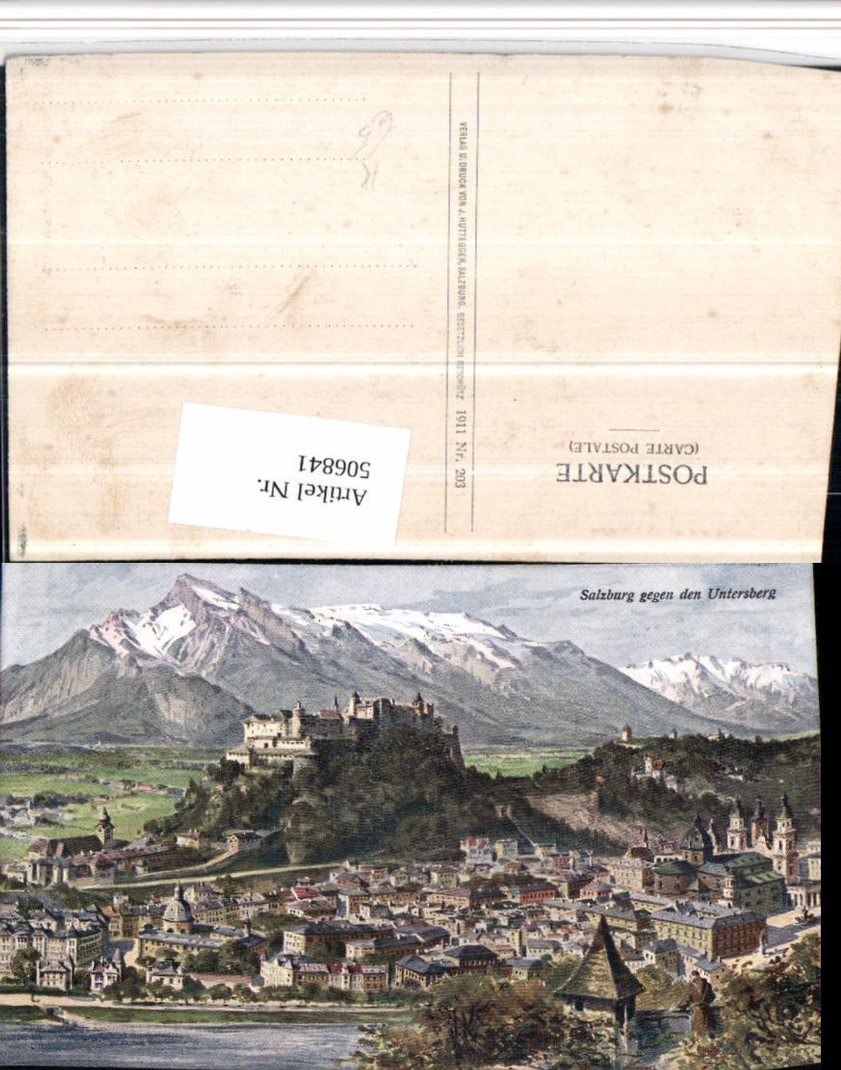 506841,Künstler AK Salzburg Totale m. Festung geg. Untersberg Bergkulisse