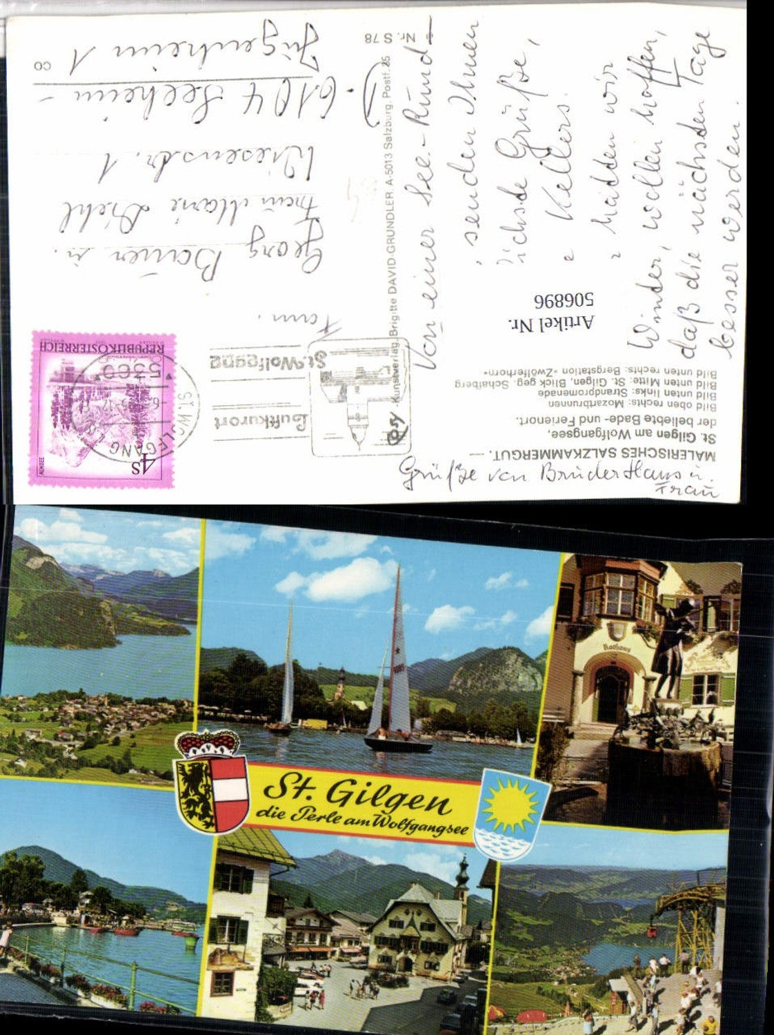 506896, St. Gilgen on Lake Wolfgang, overall view of the cable car and town hall, multi-view map