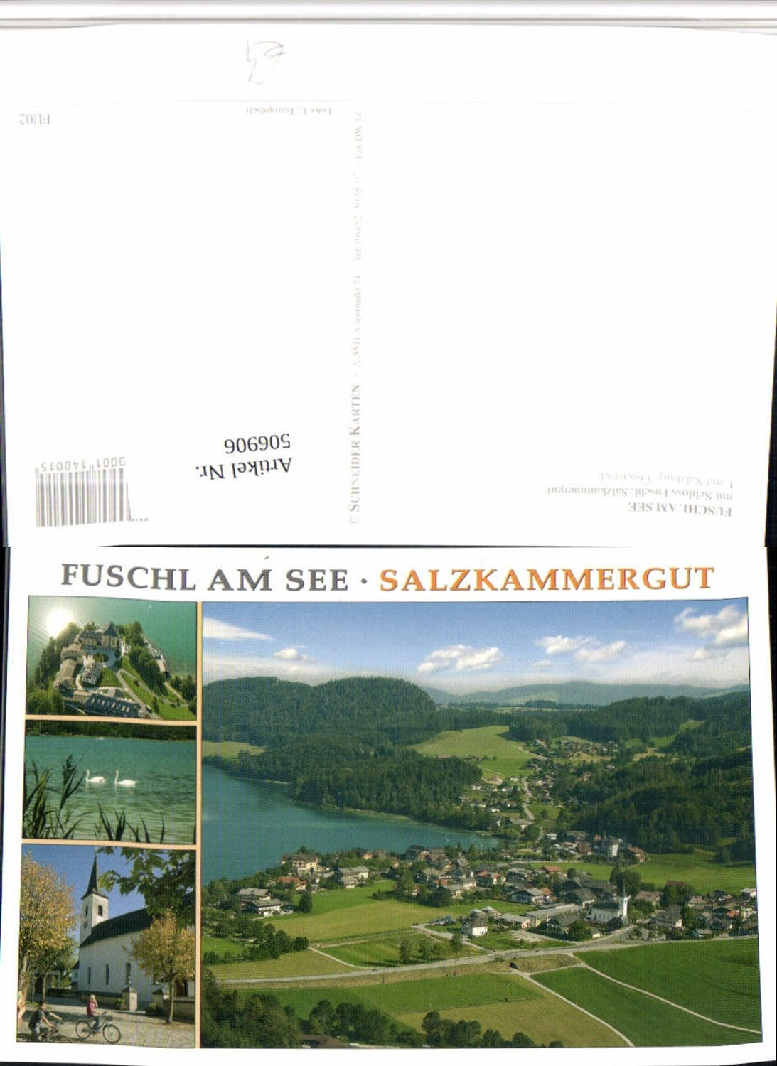 506906, Fuschl am See, Total view of the castle and church, multi-view postcard
