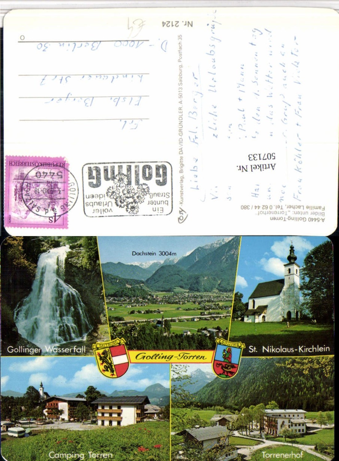 507133,Golling Totale Torrenerhof Kirche Wasserfall Mehrbildkarte pub Cosy