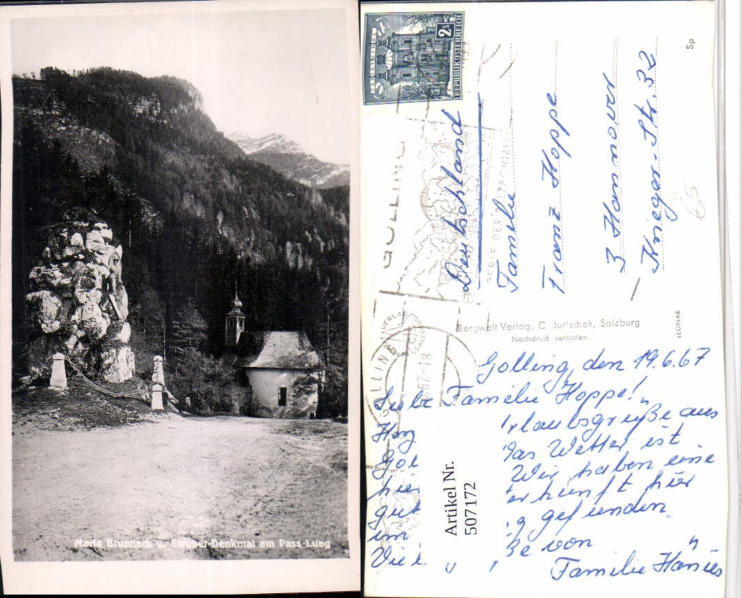 507172,Maria Brunneck Kirche u. Struber-Denkmal am Pass Lueg b. Golling