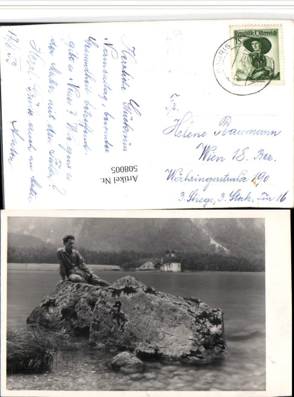 508005,Foto AK Königssee See b. Schönau St. Bartholomä Mann Felsen