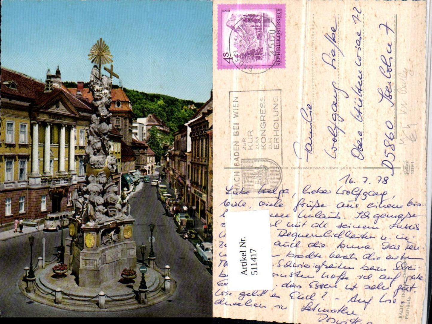 511417,Baden b. Wien Pestsäule VW-Bulli Bully