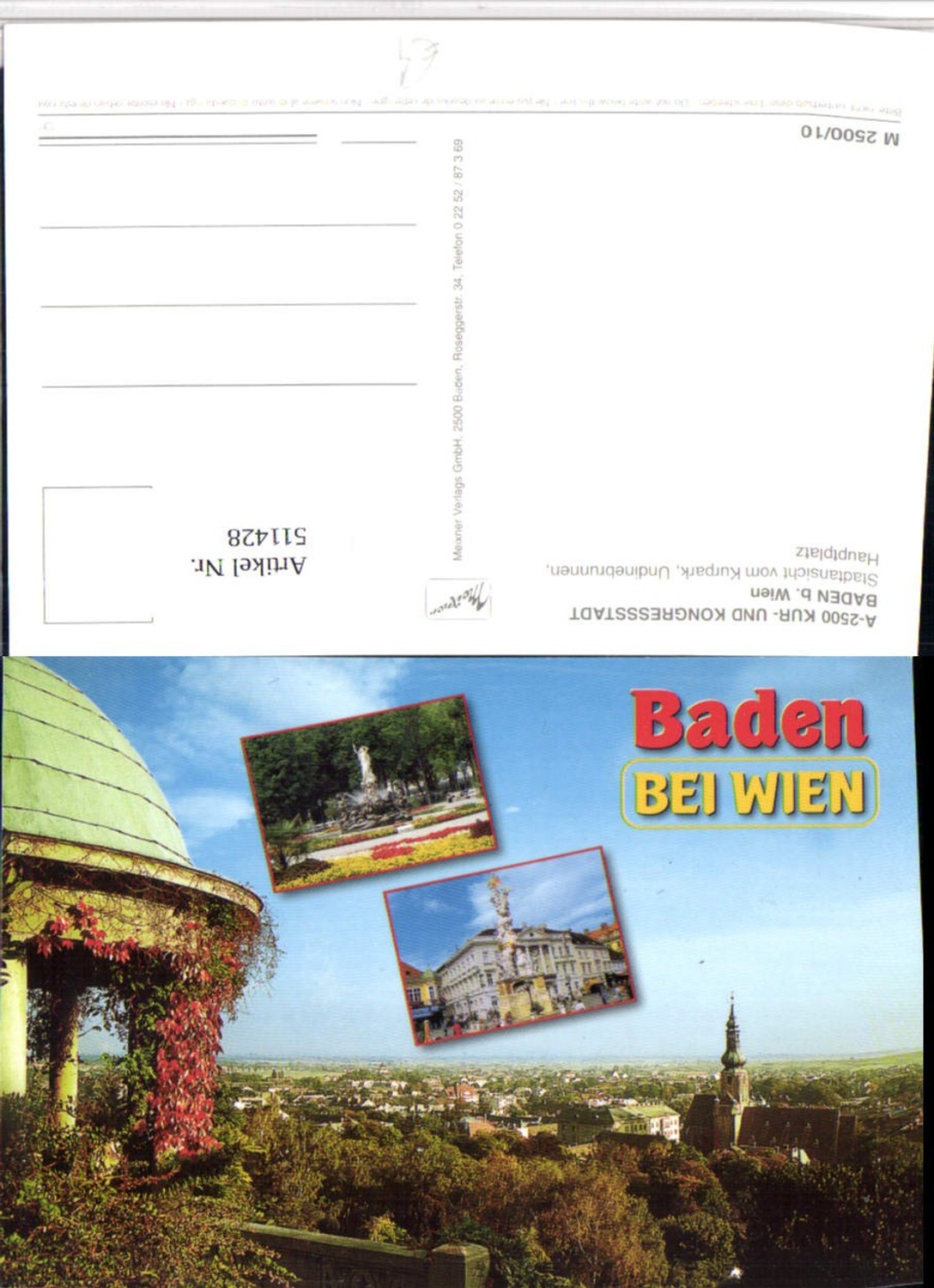 511428,Baden b. Wien Teilansicht vom Kurpark Brunnen Pestsäule Mehrbildkarte