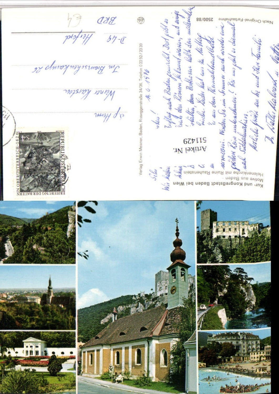 511429,Baden b. Wien Helenenkirche m. Ruine Rauhenstein Mehrbildkarte