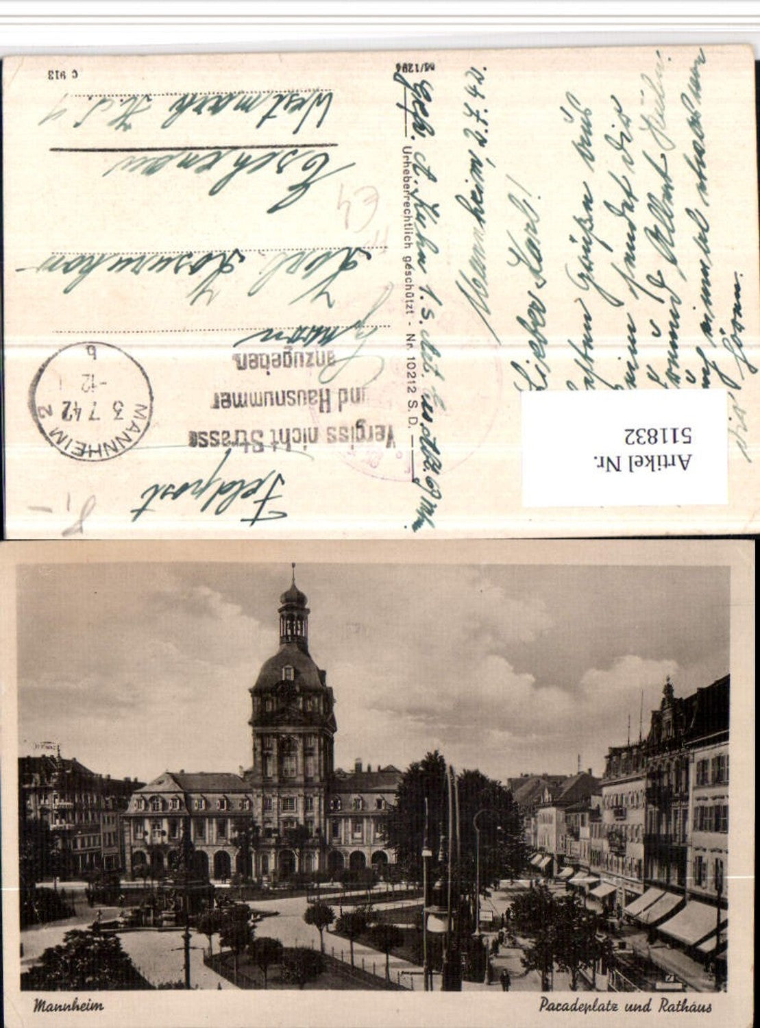 511832,Mannheim Paradeplatz u. Rathaus Feldpost