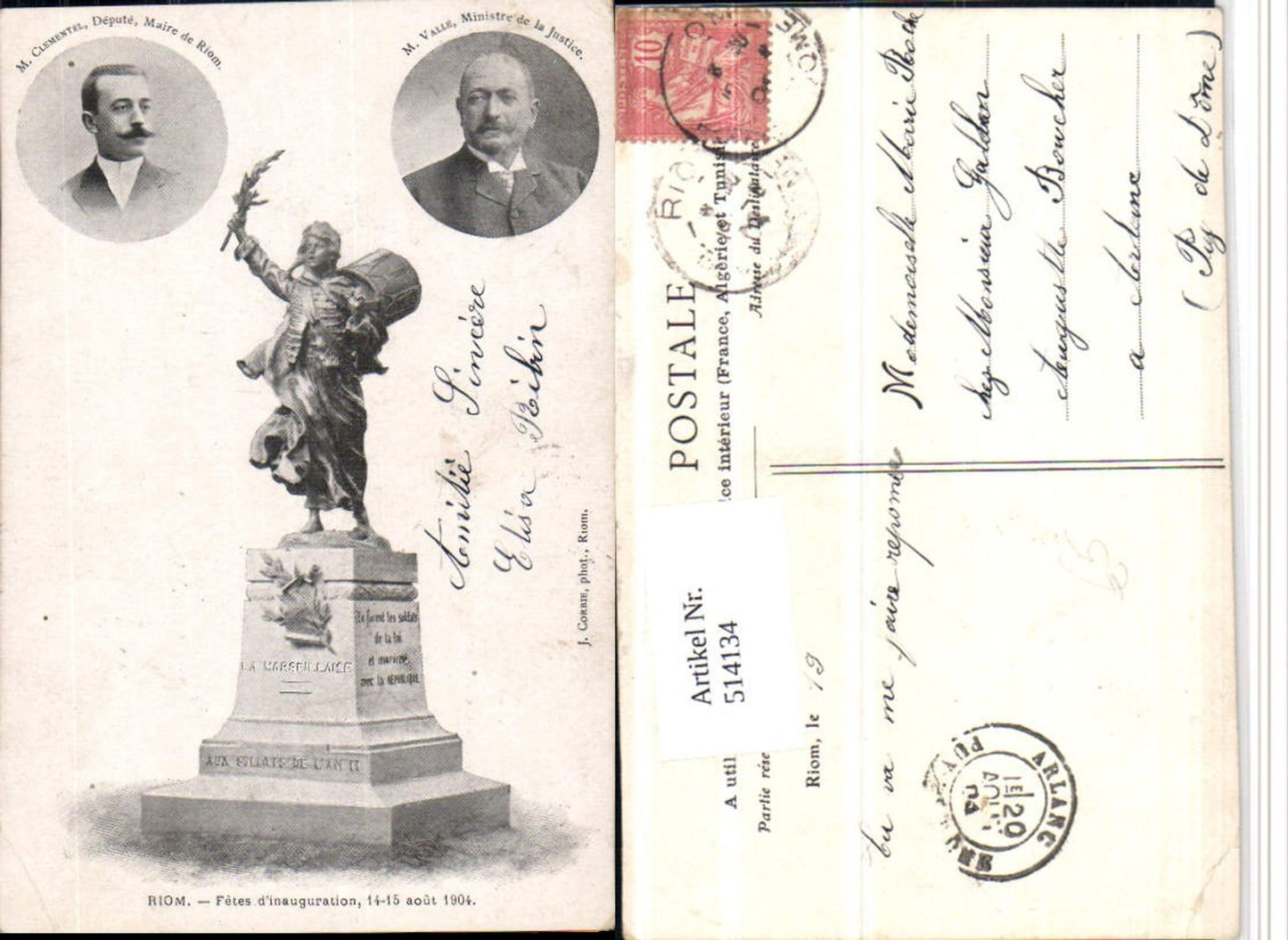 514134,Riom M. Clementel M. Valle Ministre Justice Denkmal Politiker