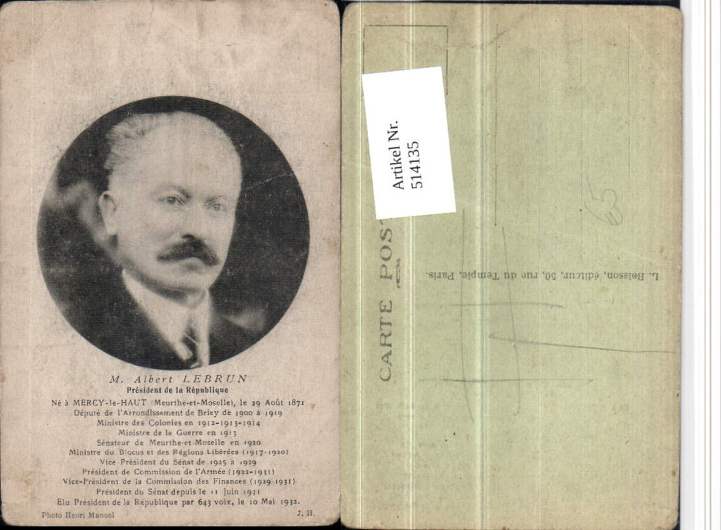 514135,Politiker Albert Lebrun President de la Republique Portrait