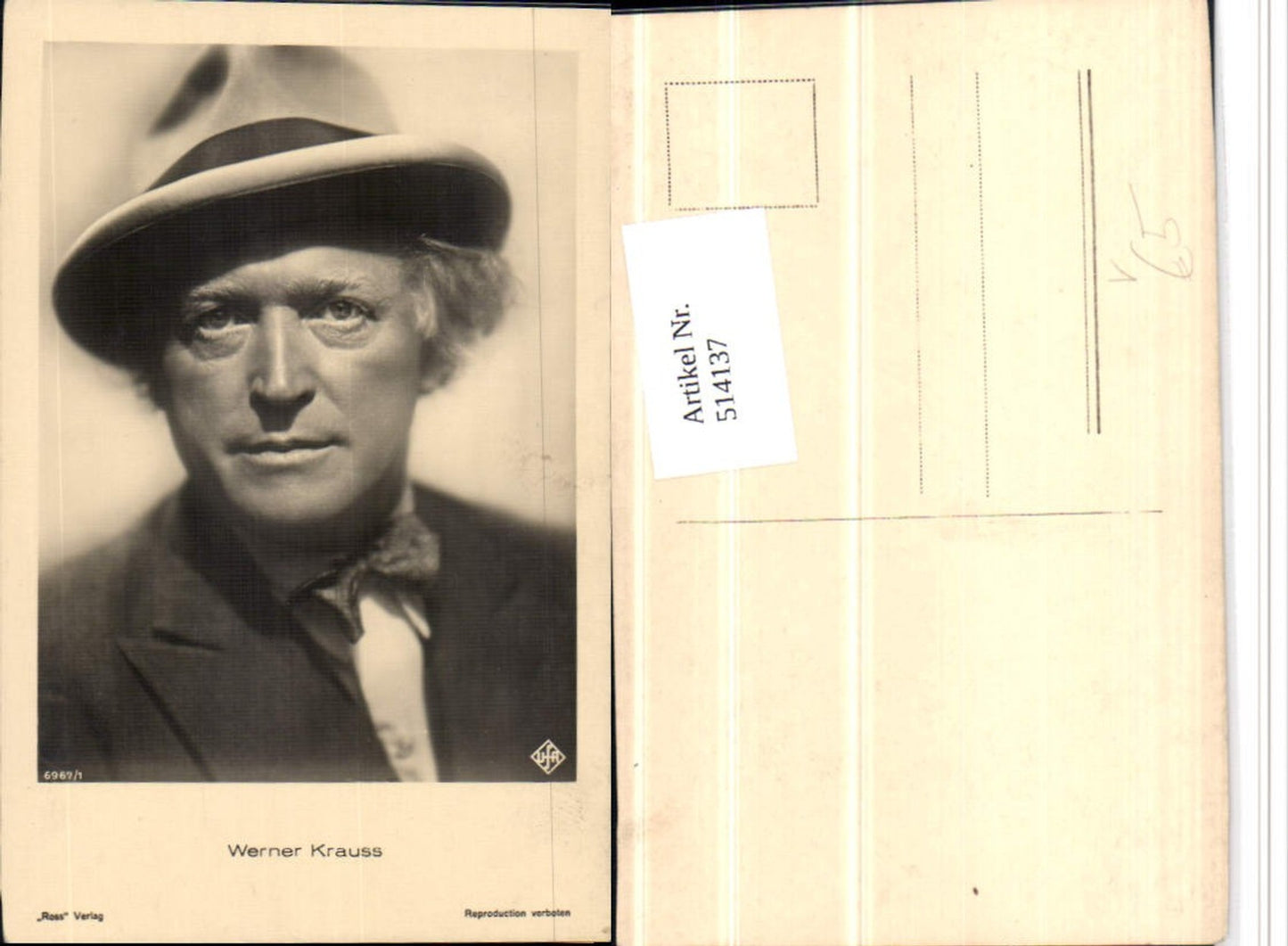 514137,Schauspieler Werner Krauss Krauß Portrait Hut pub Ross 6967/1