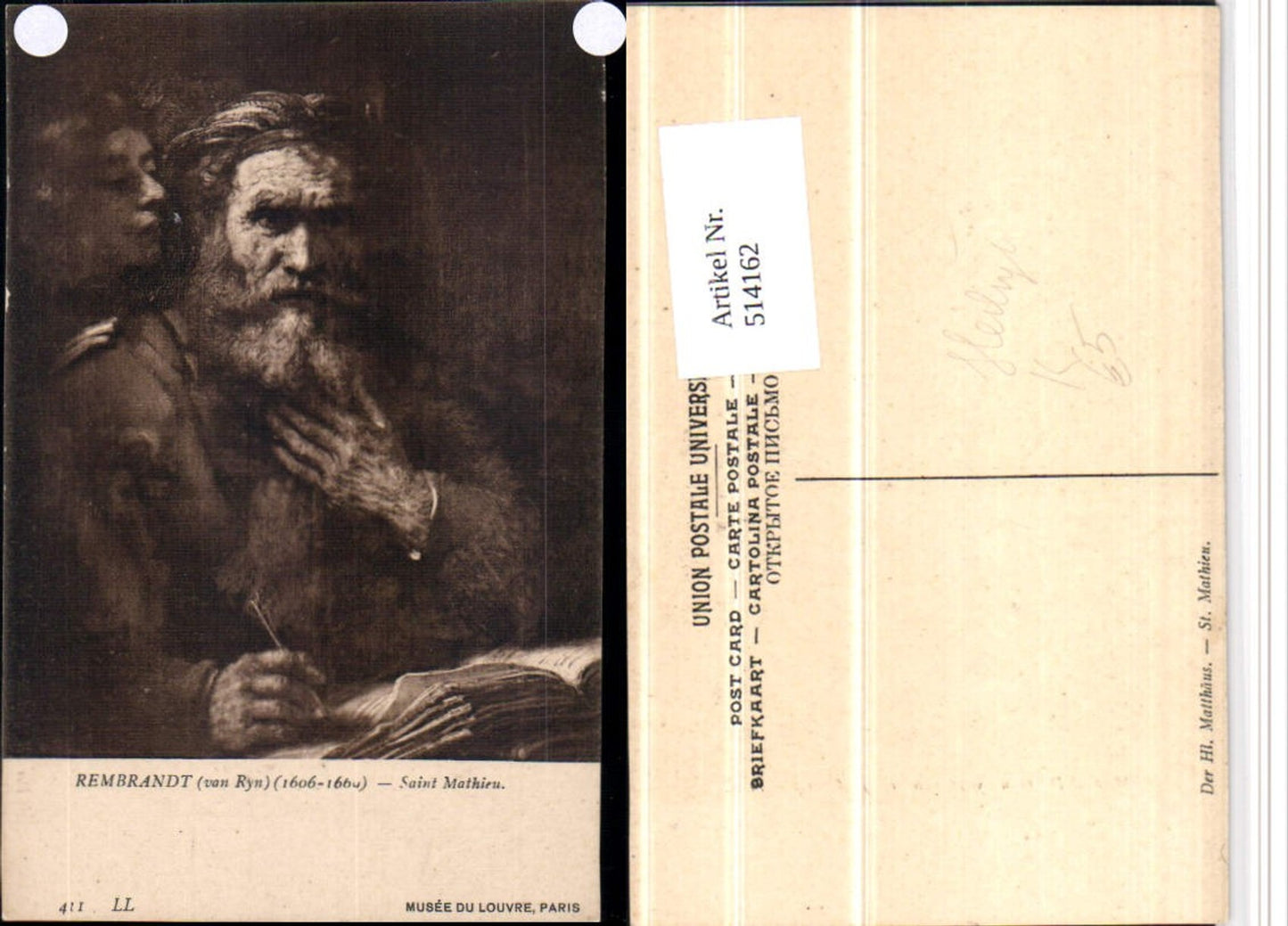 514162,Künstler AK Rembrandt van Ryn Autor Saint Mathtieu Portrait schreiben