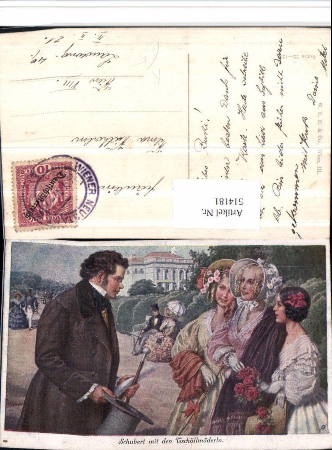 514181,Künstler AK Komponist Schubert m. Tschöllmäderln Frauen Kleider