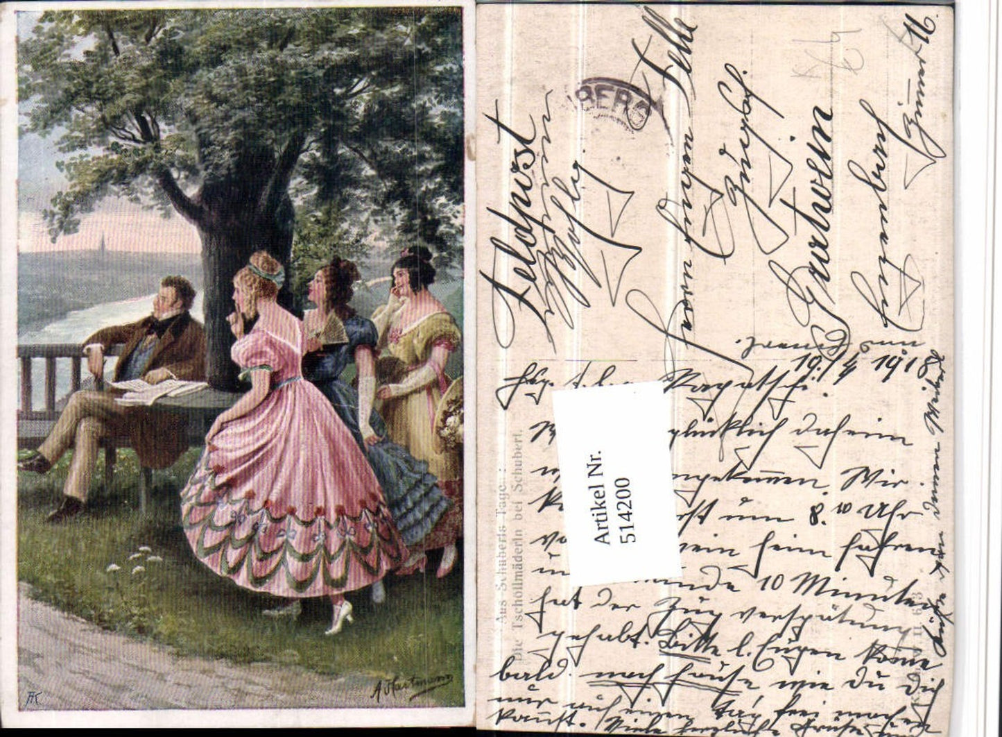 514200,Künstler AK A. Hartmann Komponist Schubert Tschöllmäderln Kleider