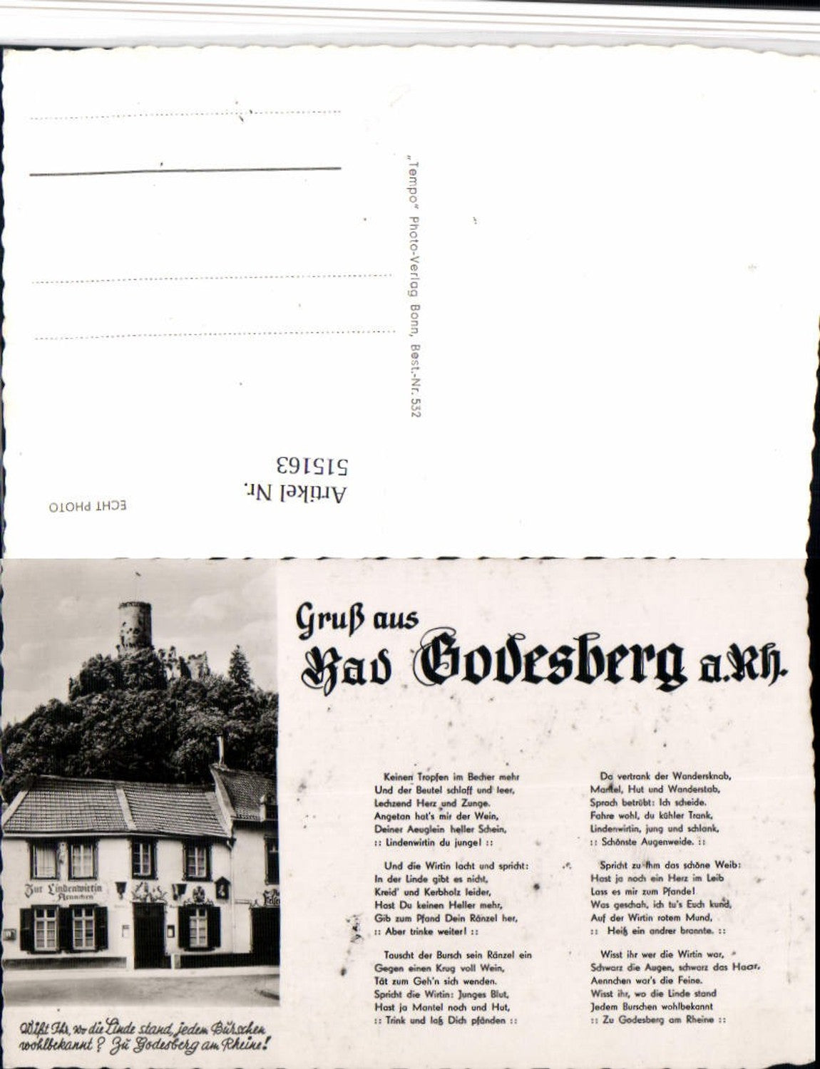 515163,Liedkarte Bonn Bad Godesberg am Rhein Gasthaus zur Lindnwirtin Burg