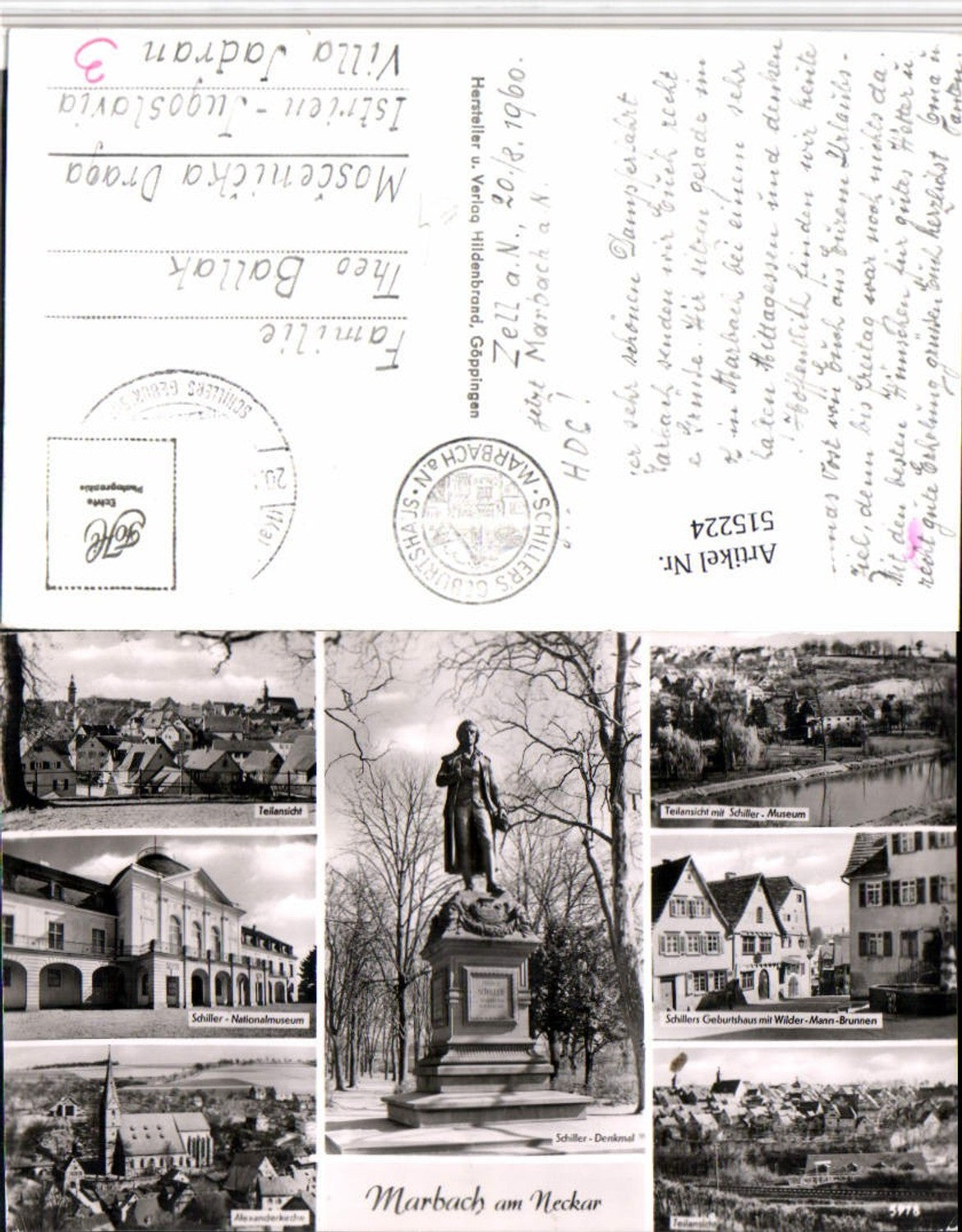 515224,Marbach am Neckar Totale Kirche Schiller-Denkmal Mehrbildkarte