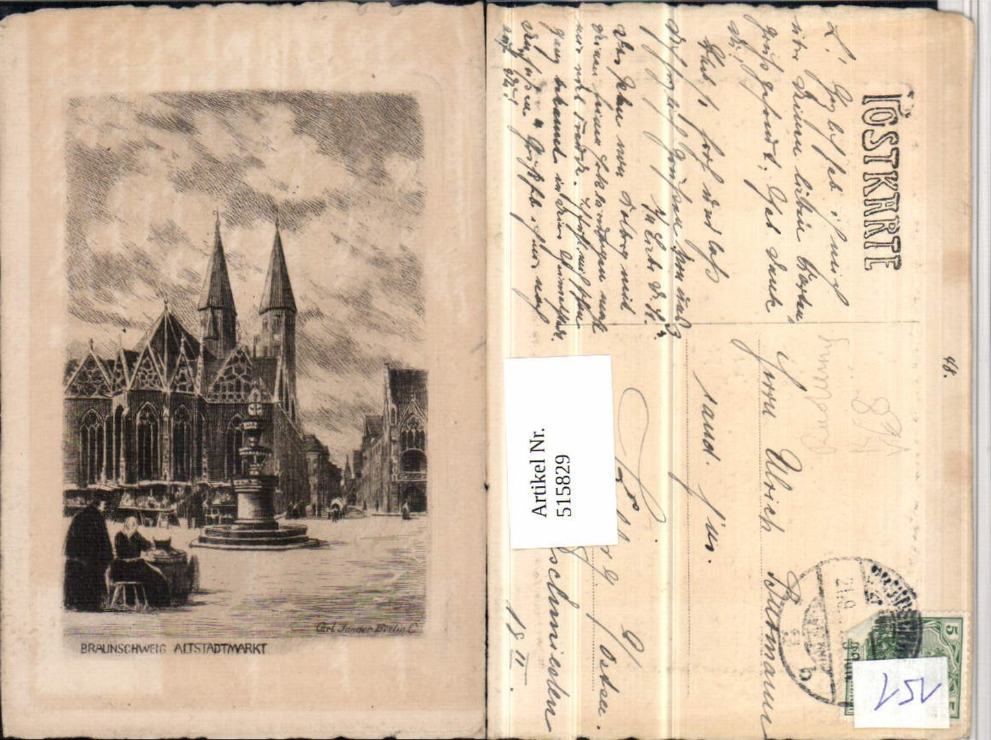 515829,Künstler AK Radierung Carl Jander Braunschweig Altstadtmarkt Brunnen