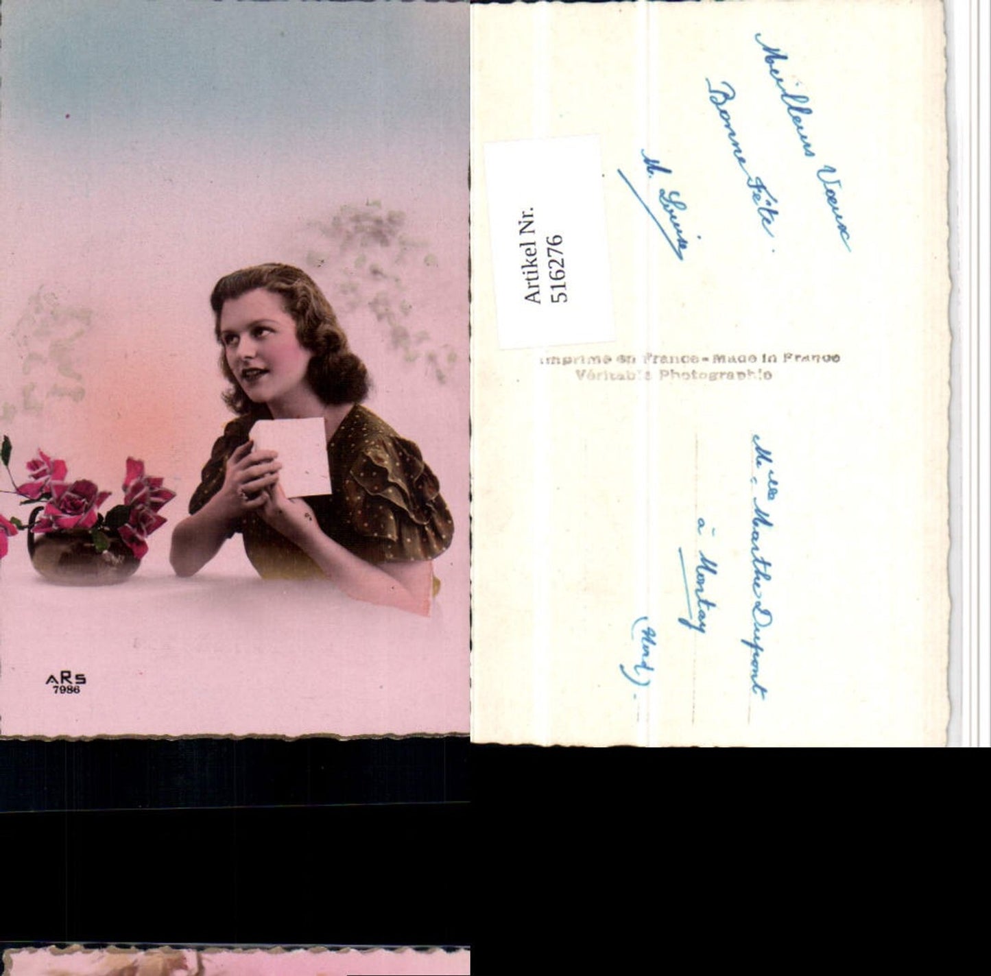 516276,Foto AK Schöne Frau Portrait Brief Blumen