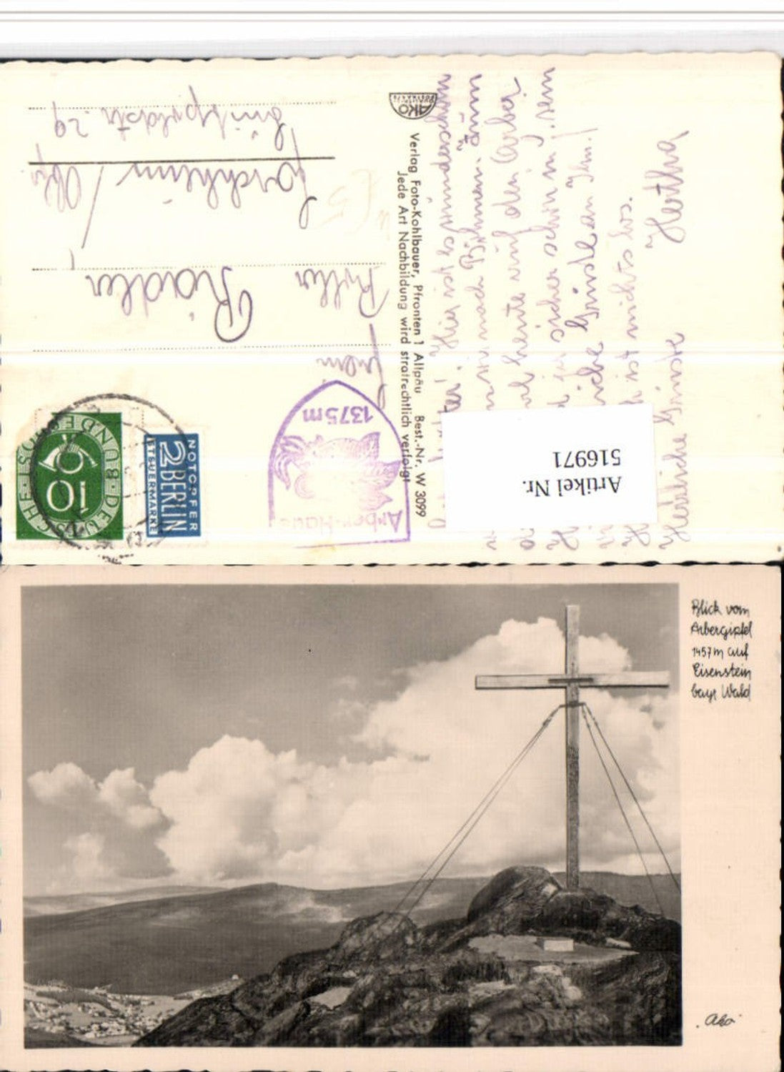 516971,Blick vom Arbergipfel auf Bayerisch Eisenstein Gipfelkreuz