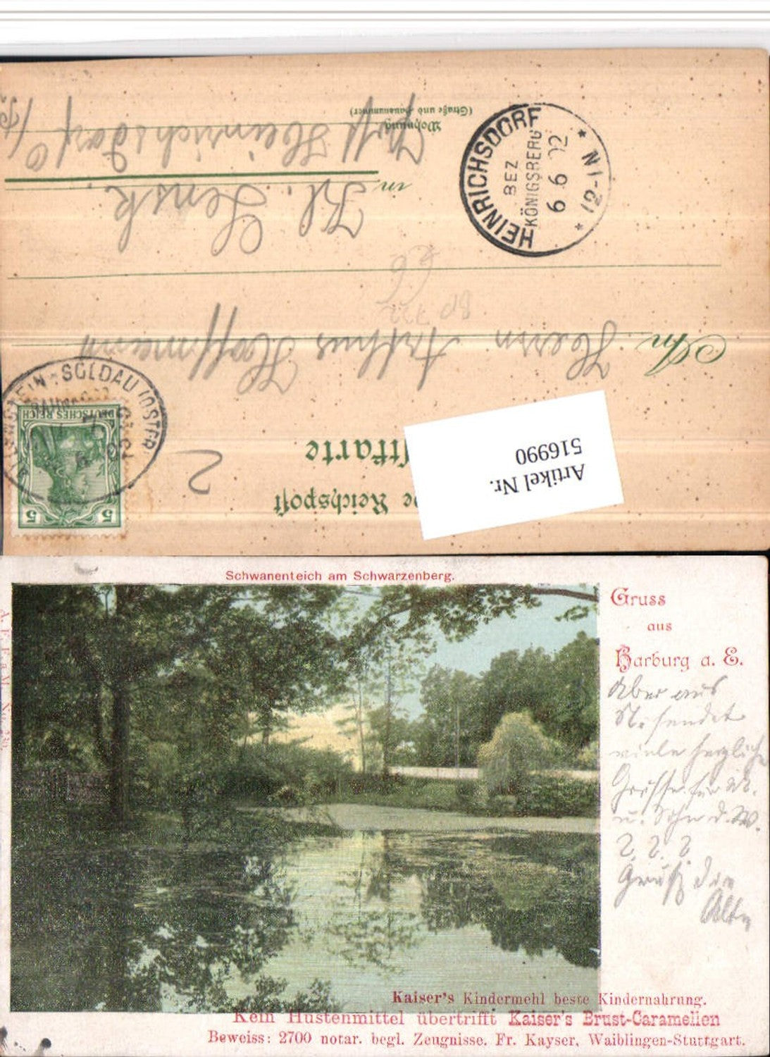 516990,Hamburg Gruß aus Harburg an d. Elbe Schwanenteich Bahnpost Zug 722