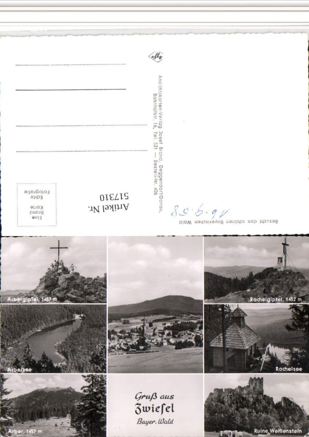 517310, Greetings from Zwiesel, Total view of Arbersee summit cross ruins, multi-image postcard
