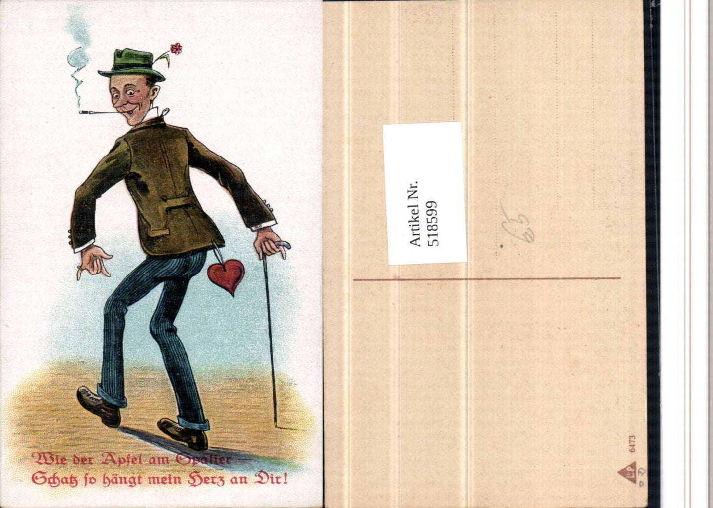 518599,Künstler AK Herz Zigarette Gehstock Stock Rauchen Humor