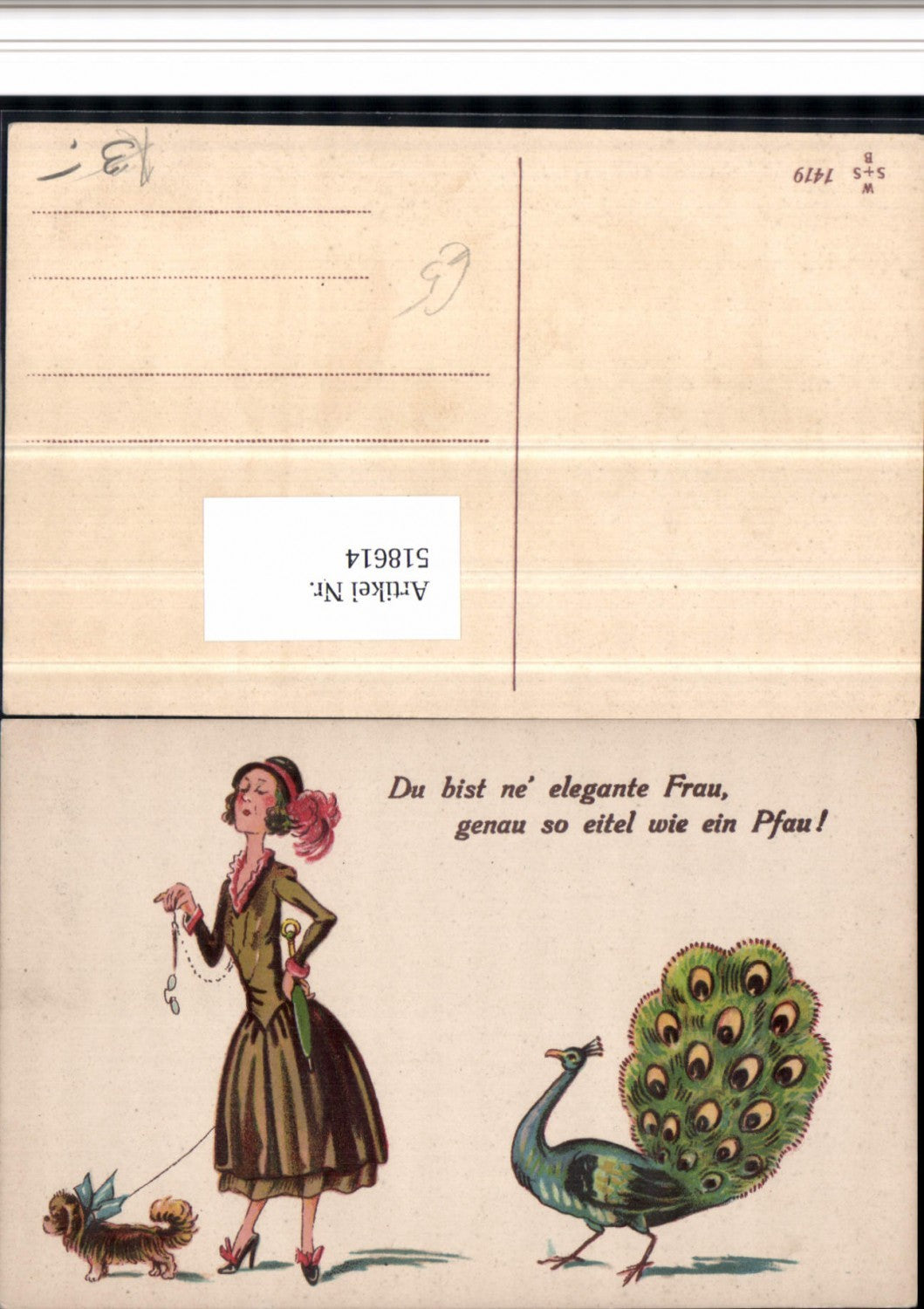 518614,Künstler AK Pfau Frau Hund Elegante Frau Frauenfeindlicher Humor
