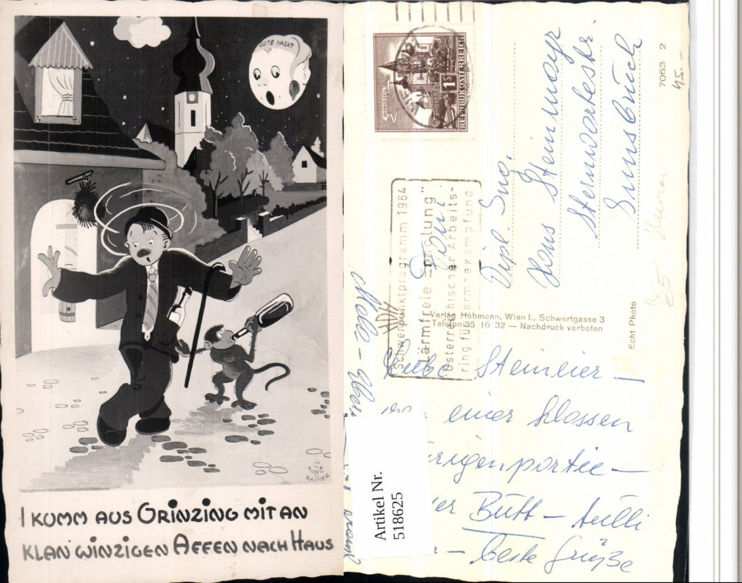 518625,Künstler AK Grinzing Trinkerhumor Betrunkener Affe Wein Mondgesicht Humor