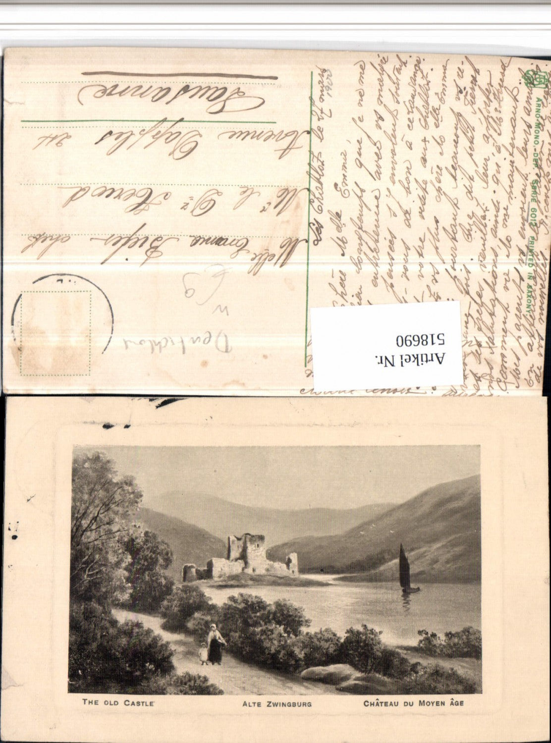 518690,Künstler AK Alte Zwingburg Old Castle Ruine Segelboot Wegpartie