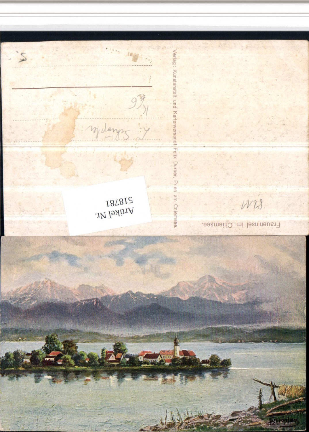 518781,Künstler AK L. Schröpler Fraueninsel im Chiemsee Bergkulisse