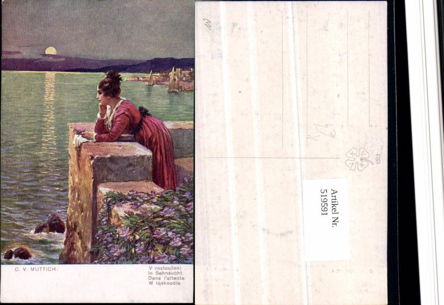 519591,Künstler AK C.v. Muttich Sehnsucht Meer Frau Liebe Mond