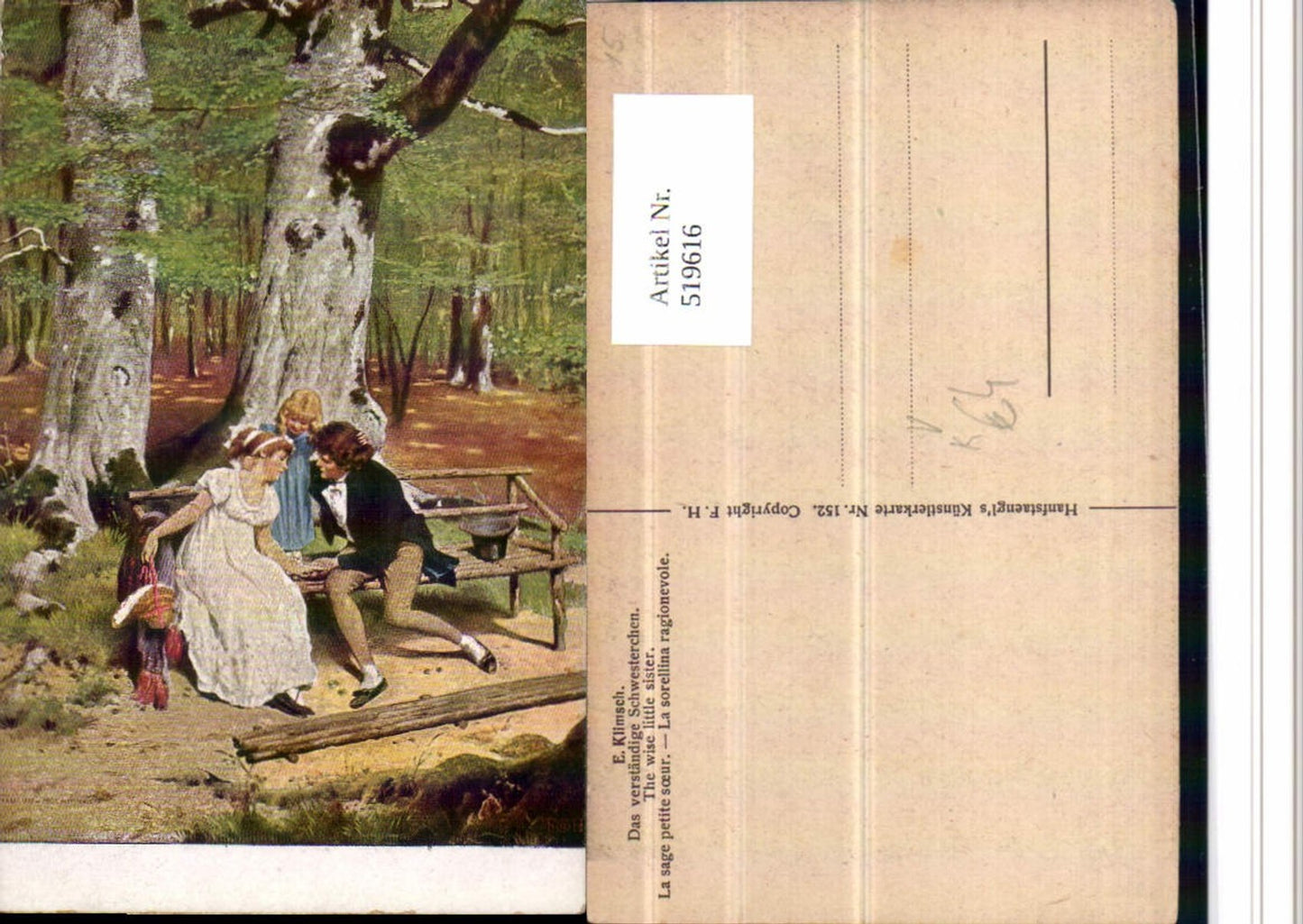 519616,Künstler AK E. Klimsch Das verständige Schwesterchen Bank pub Hanfstaengl 152