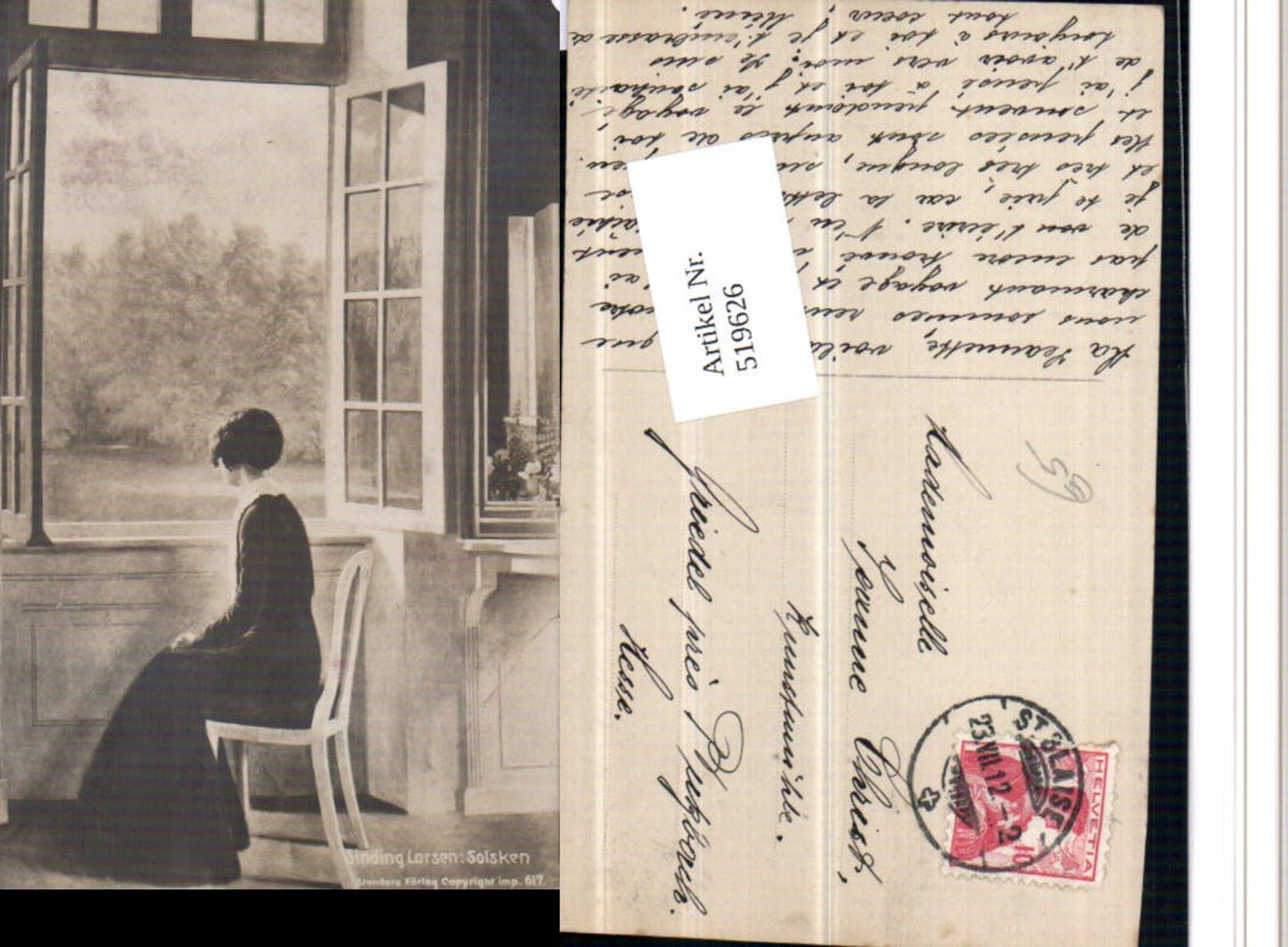 519626,Künstler AK Sinding Larsen Solsken Frau Stuhl Fenster