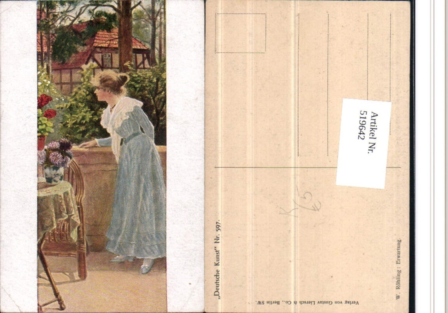 519642,Künstler AK W. Röhling Erwartung Frau Kleid Blumen