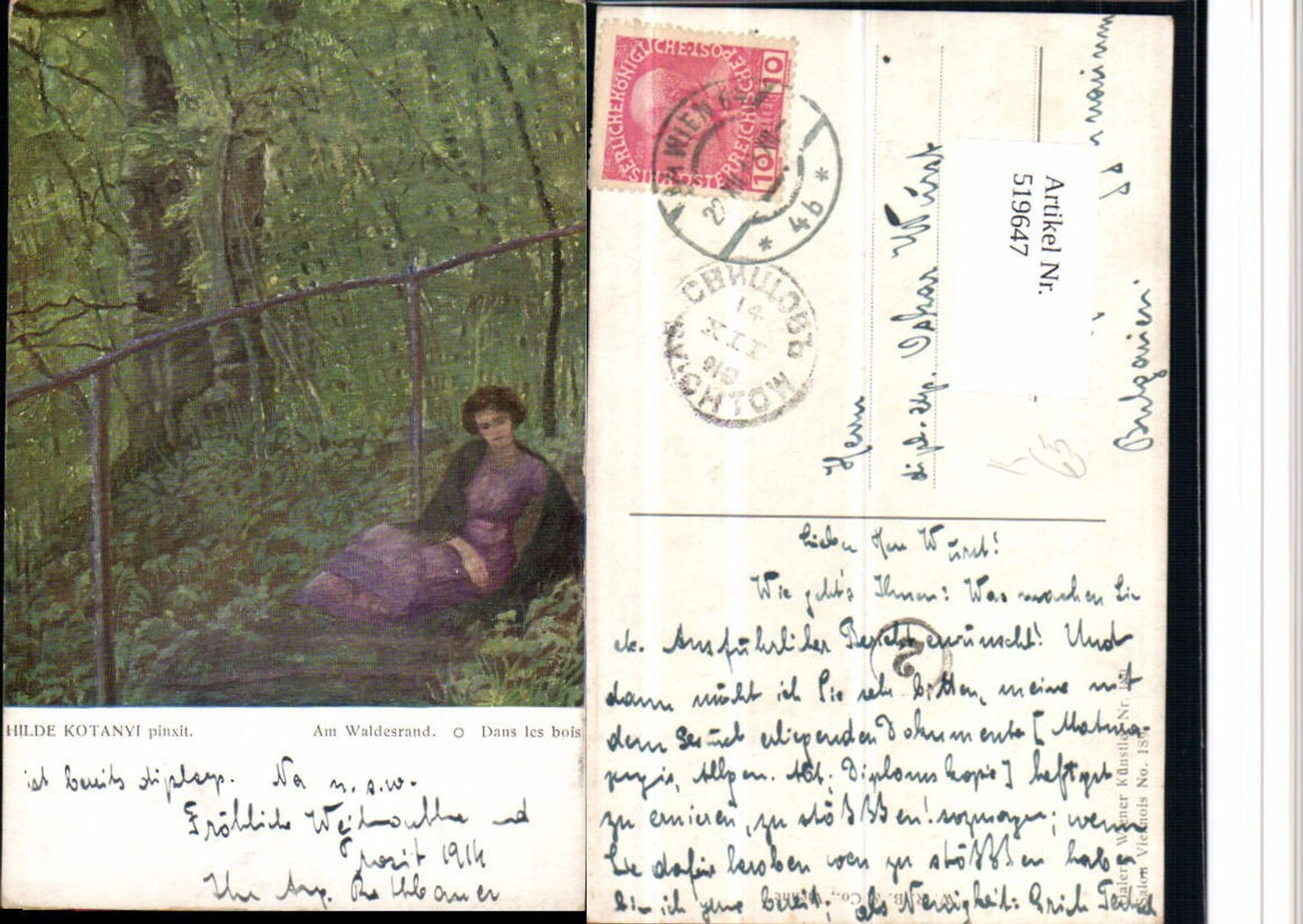 519647,Künstler AK Hilde Kotanyi Am Waldesrand Frau Kleid Weg