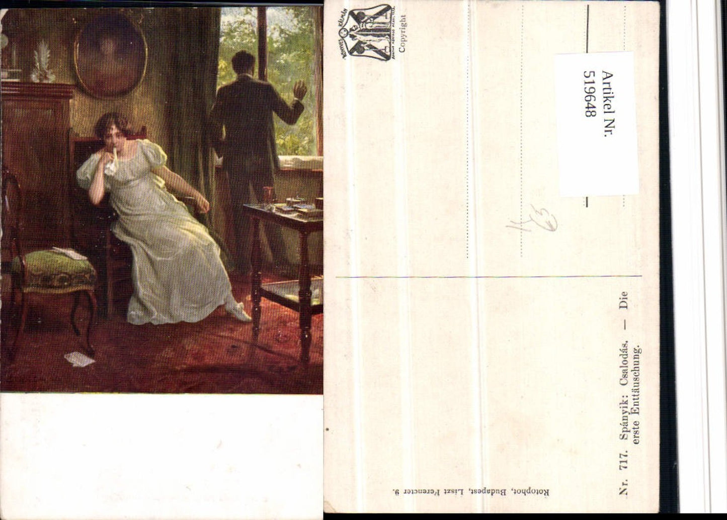 519648,Künstler AK Spanyik Die erste Enttäuschung Paar Frau Kleid Stuhl