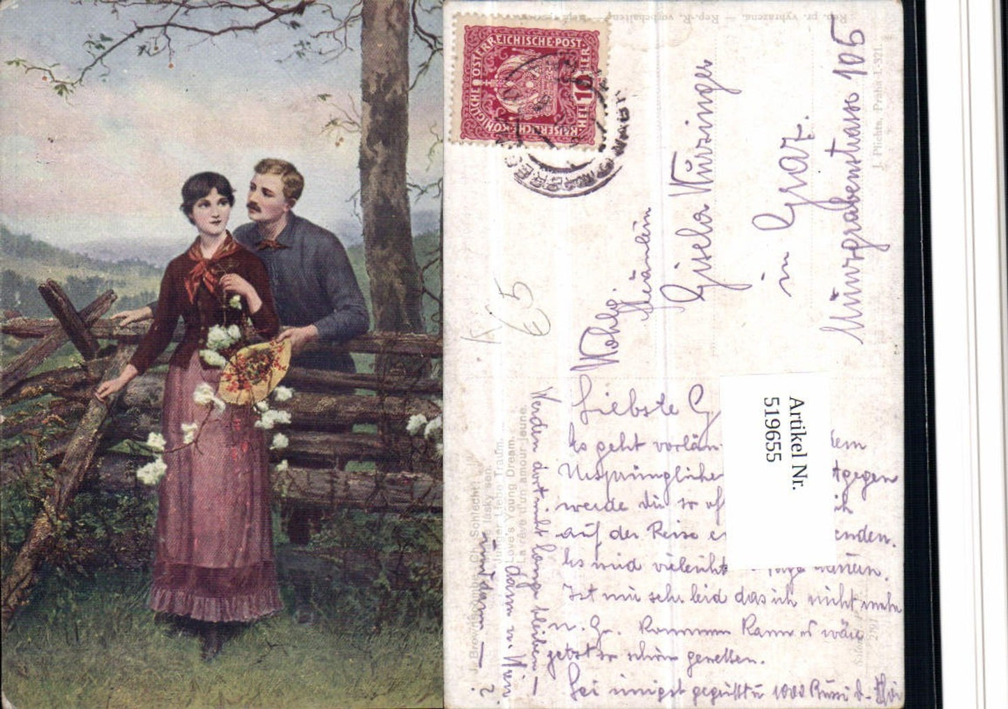 519655,Künstler AK J. Brownscombe Junger Liebe Traum Paar Hut Zaun
