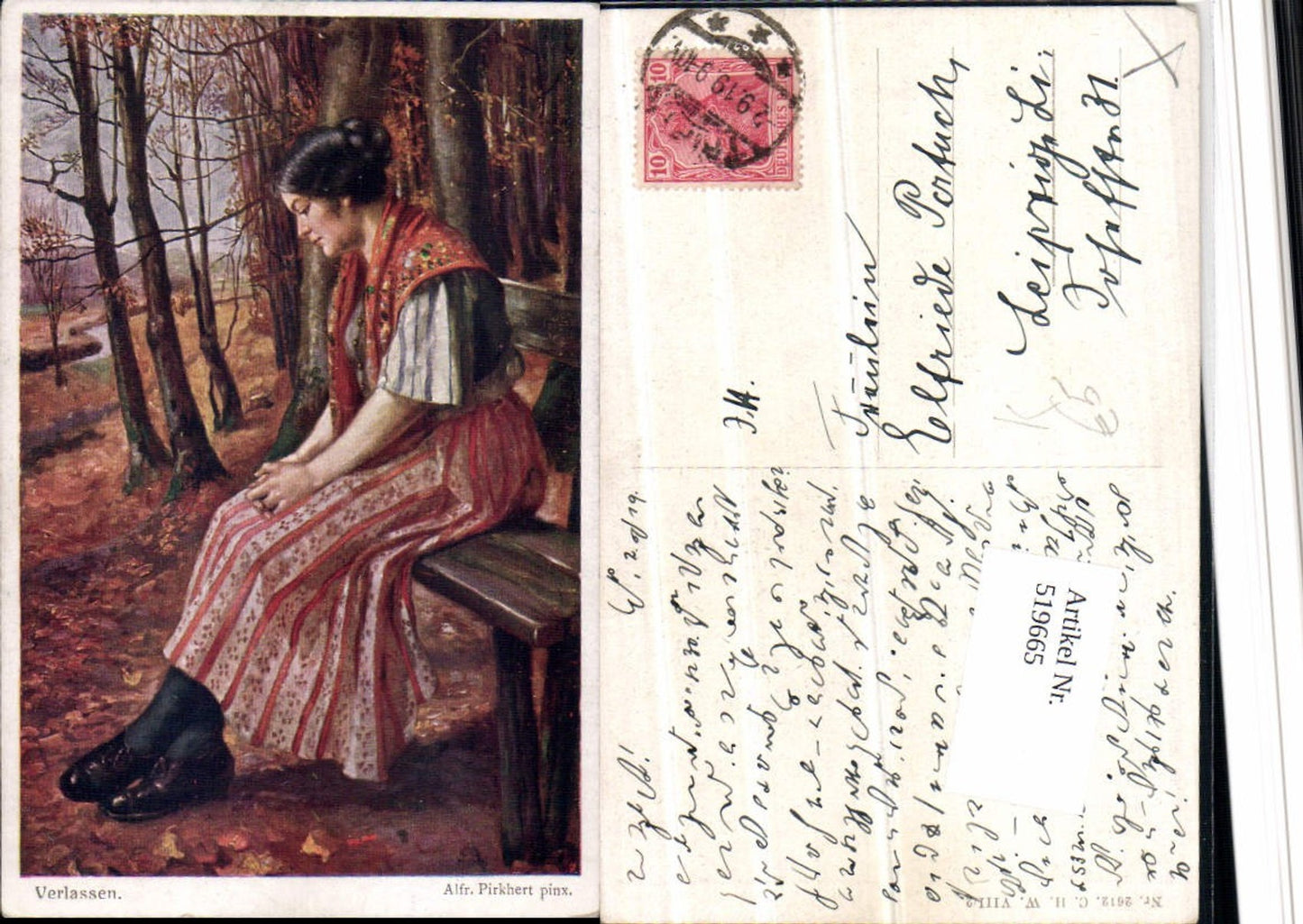 519665,Künstler AK Alfred Pirkhert Verlassen Frau Tuch Bank