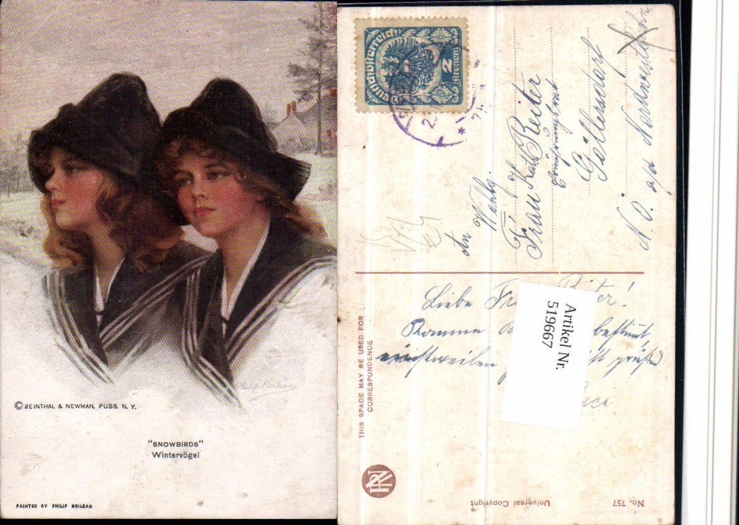 519667,Künstler AK Philip Boileau Wintervögel Mädchen pub Reinthal Newman