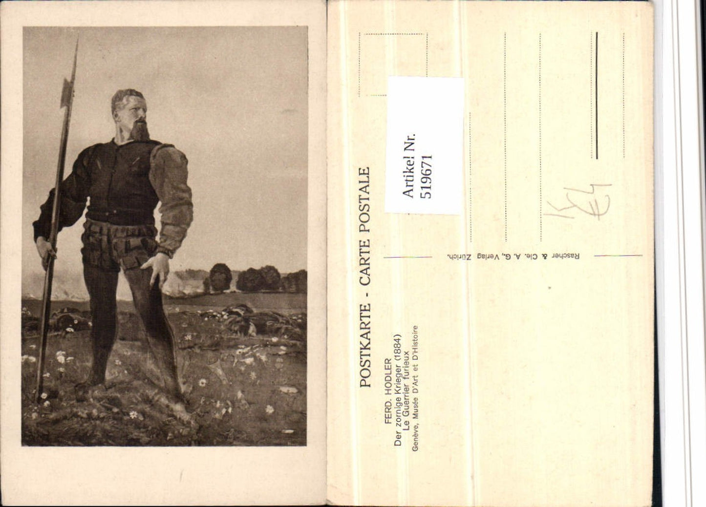 519671,Künstler AK Ferd. Hodler Der zornige Krieger Speer