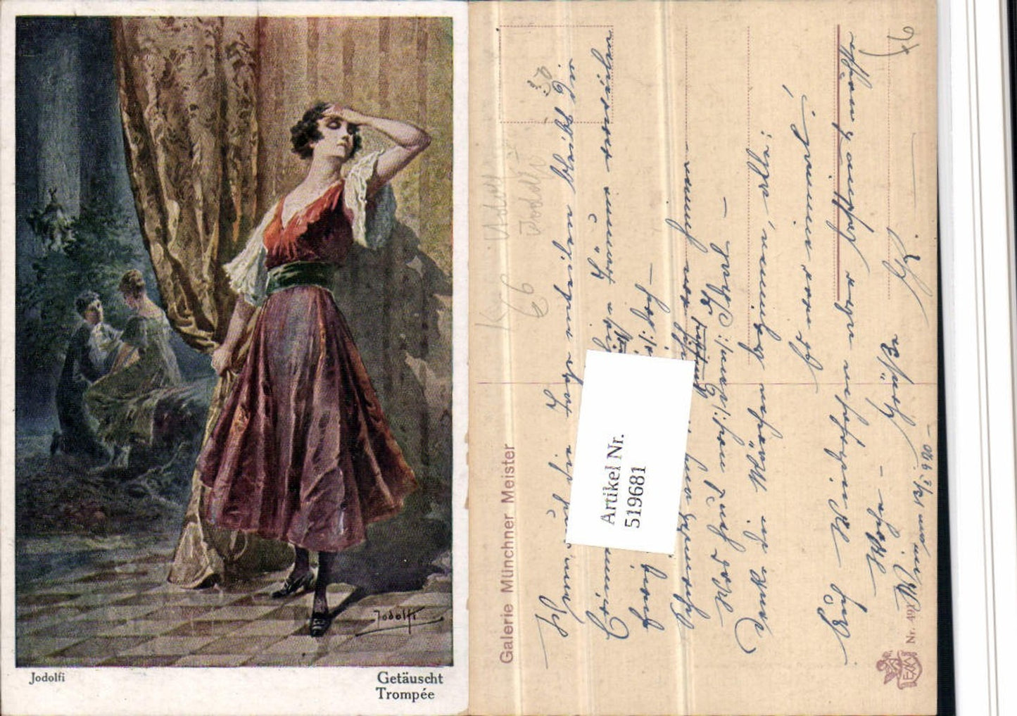 519681,Künstler AK Adolf Jodolfi Getäuscht Frau Kleid Vorhang