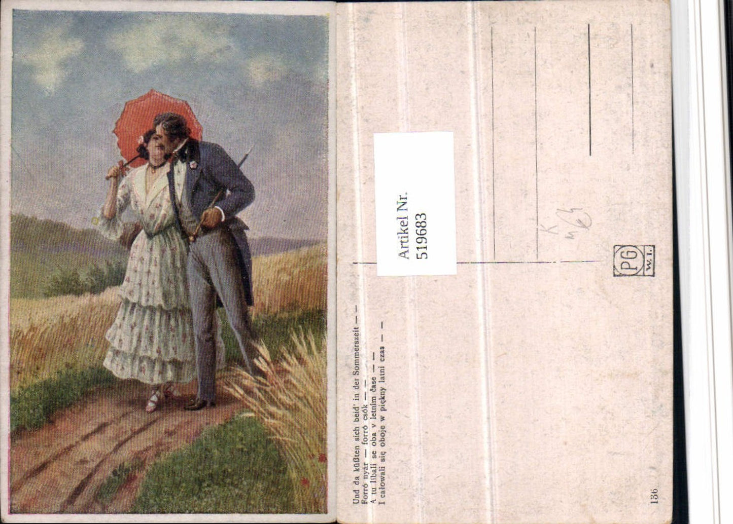 519683,Künstler AK Und da küssten sich beid in der Sommerszeit Liebe Paar Schirm