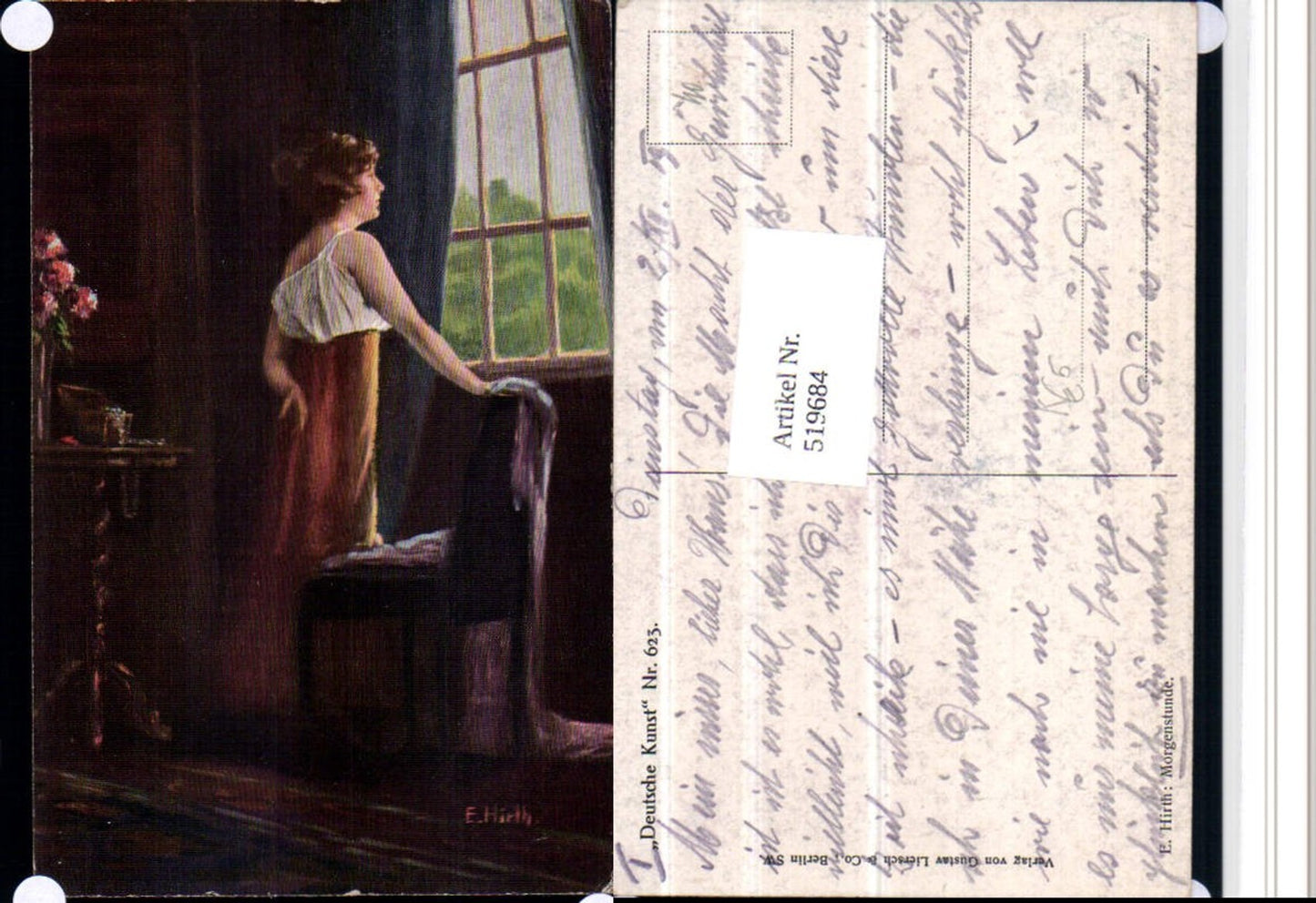 519684,Künstler AK E. Hirth Morgenstunde Frau Kleid Stuhl Fenster