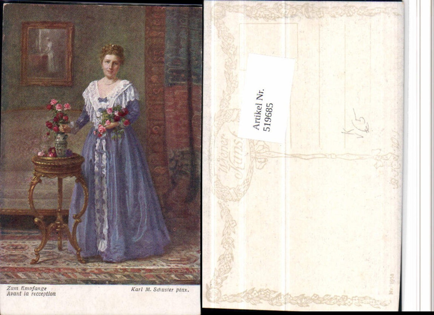519685,Künstler AK Karl M. Schuster Zum Empfange Frau Kleid Rosen pub B.K.W.I. 2053