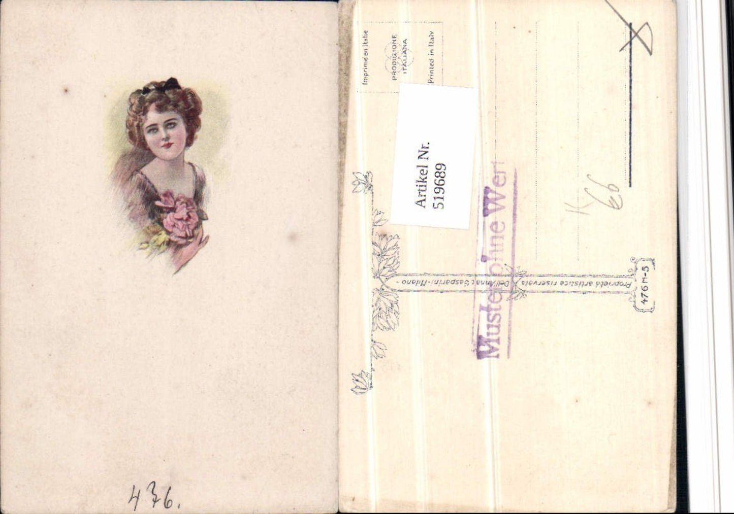 519689,Künstler AK Frau Portrait Blumen Rose