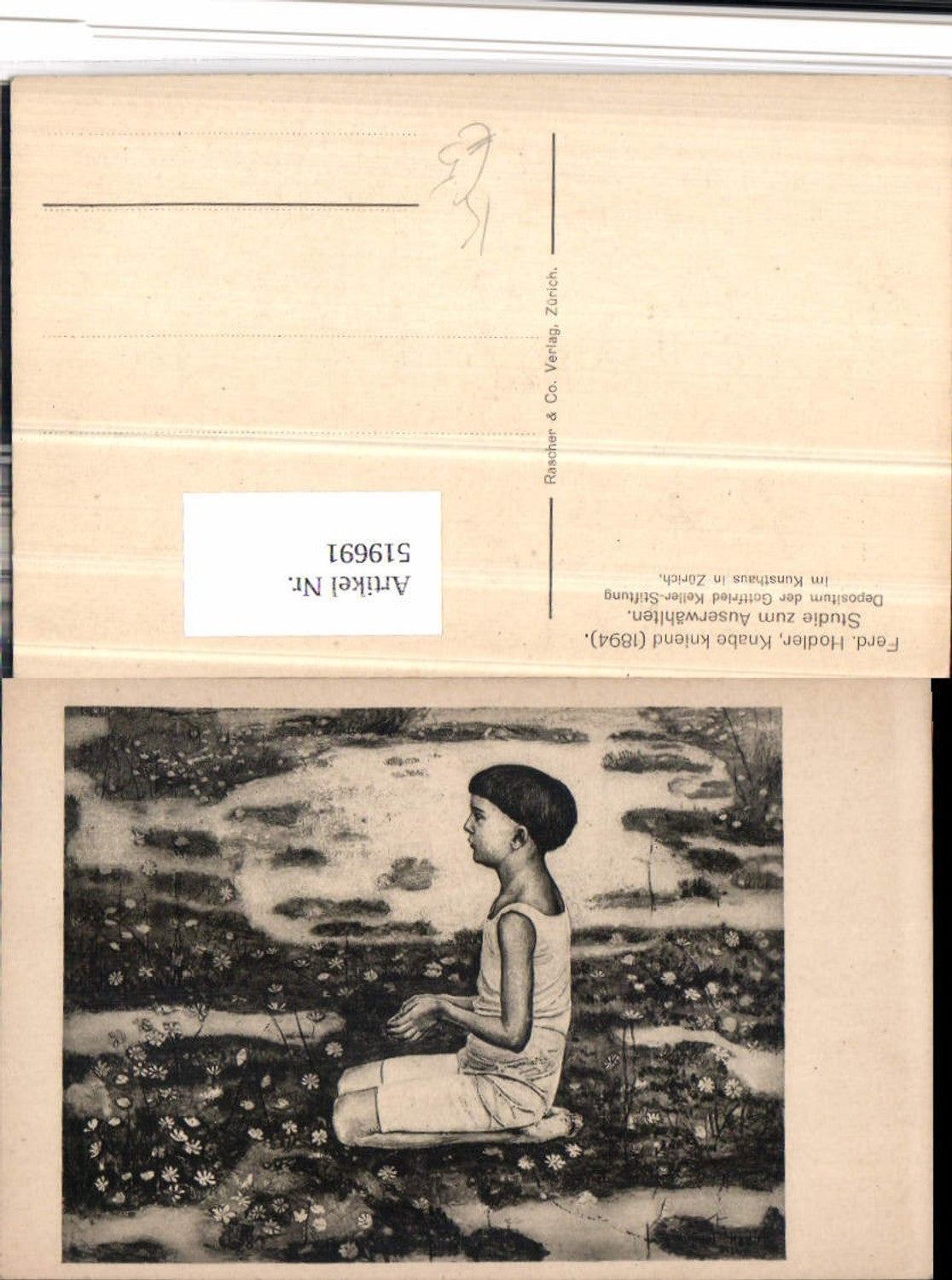 519691,Künstler AK Ferd. Hodler Knabe kniend Wiese Blumen