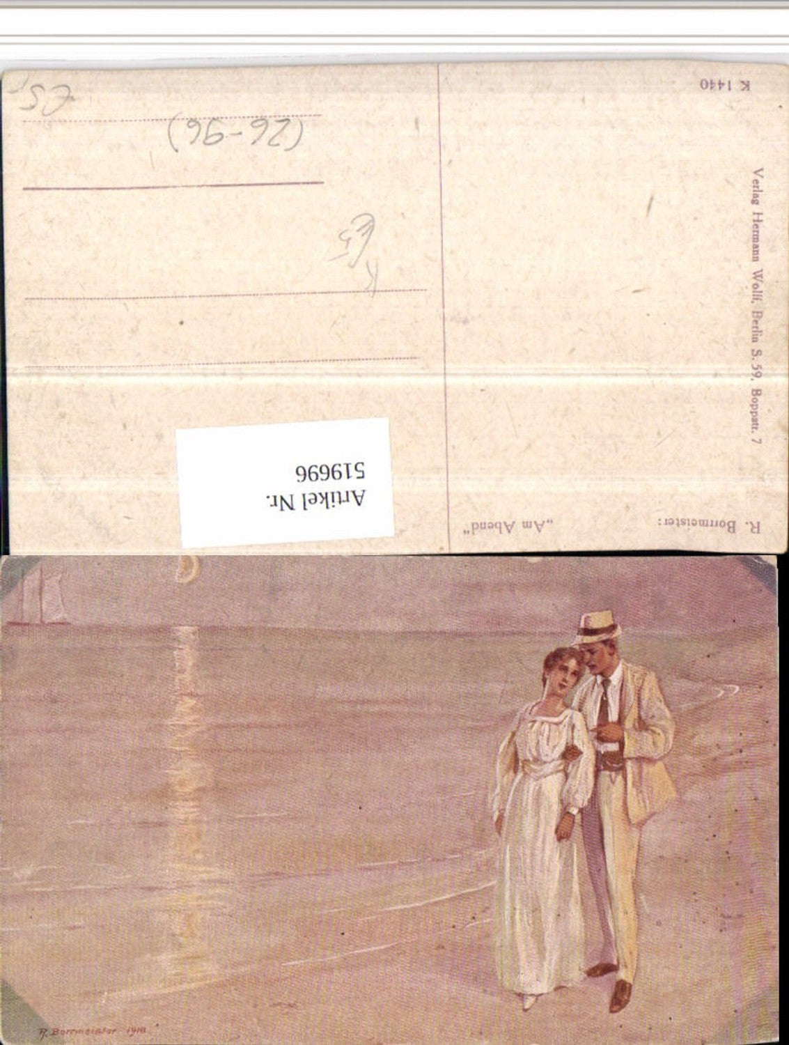 519696,Künstler AK R. Borrmeister Am Abend Liebe Paar Strand Meer